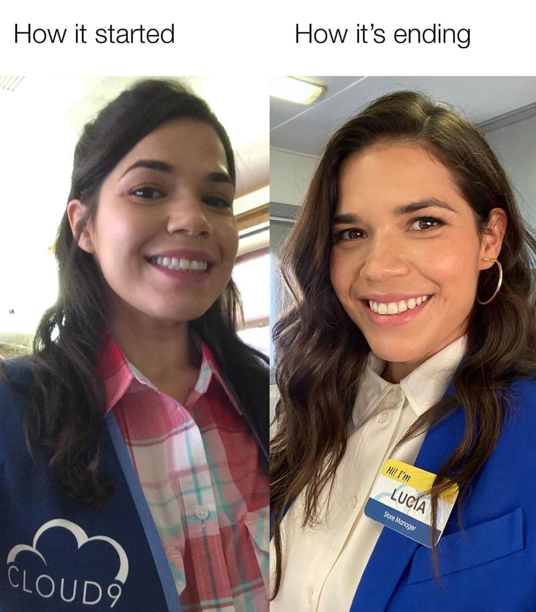 アメリカ・フェレーラさんのインスタグラム写真 - (アメリカ・フェレーラInstagram)「How it started // how it’s ending  The picture on the left is me on my first day as Amy shooting the pilot of @nbcsuperstore in 2015, and the pic on the right was my last day on set as Amy 😭. I can’t believe it’s almost time for my last 2 episodes to air! The new season premieres a week from today 10/29 at 8/7c! #Superstore #hategoodbyes #peepthetag」10月23日 4時08分 - americaferrera