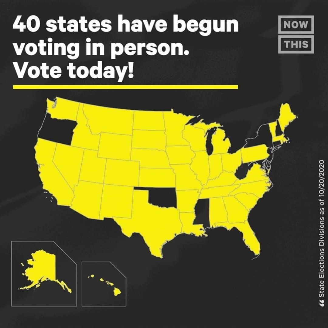 レオナルド・ディカプリオさんのインスタグラム写真 - (レオナルド・ディカプリオInstagram)「Early voting has begun in over 40 states. From @nowthispolitics: Early voting begins today in Hawaii, Utah, and Wisconsin! 🗳 You can vote now in Alabama, Alaska, Arizona, Arkansas, California, Colorado, Florida, Georgia, Hawaii, Idaho, Illinois, Indiana, Iowa, Kansas, Kentucky, Louisiana, Maine, Massachusetts, Michigan, Minnesota, Missouri, Montana, Nebraska, Nevada, New Mexico, North Carolina, North Dakota, Ohio, Pennsylvania, Rhode Island, South Carolina, South Dakota, Tennessee, Texas, Utah, Vermont, Virginia, Washington, Wisconsin, and Wyoming. Early voting has already shattered records across the country. The next president, control of state legislatures, Congress, and local government is all in your hands. Voting in person as early as possible might be the safest way to ensure your vote is counted. Check with your state for specific requirements and text BALLOT to 21333 or visit Vote.org to register to #vote ASAP.」10月23日 5時14分 - leonardodicaprio