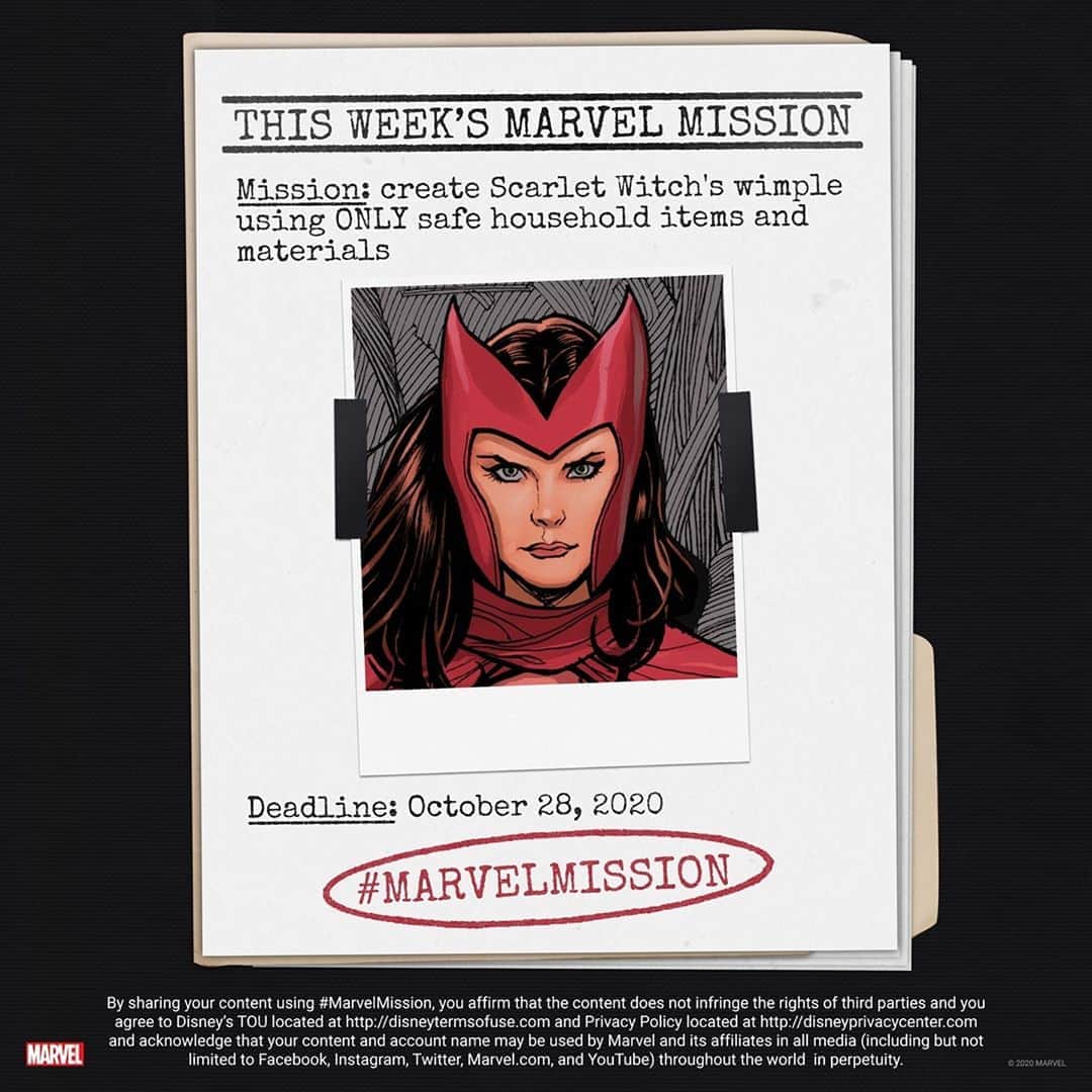 Marvel Entertainmentさんのインスタグラム写真 - (Marvel EntertainmentInstagram)「THIS WEEK'S MISSION: Create Scarlet Witch's wimple using ONLY safe household items and materials.   You have one week to complete your task. Post your photo or video here with the #MarvelMission hashtag for the chance to be featured in our round-up of favorites!」10月23日 8時45分 - marvel