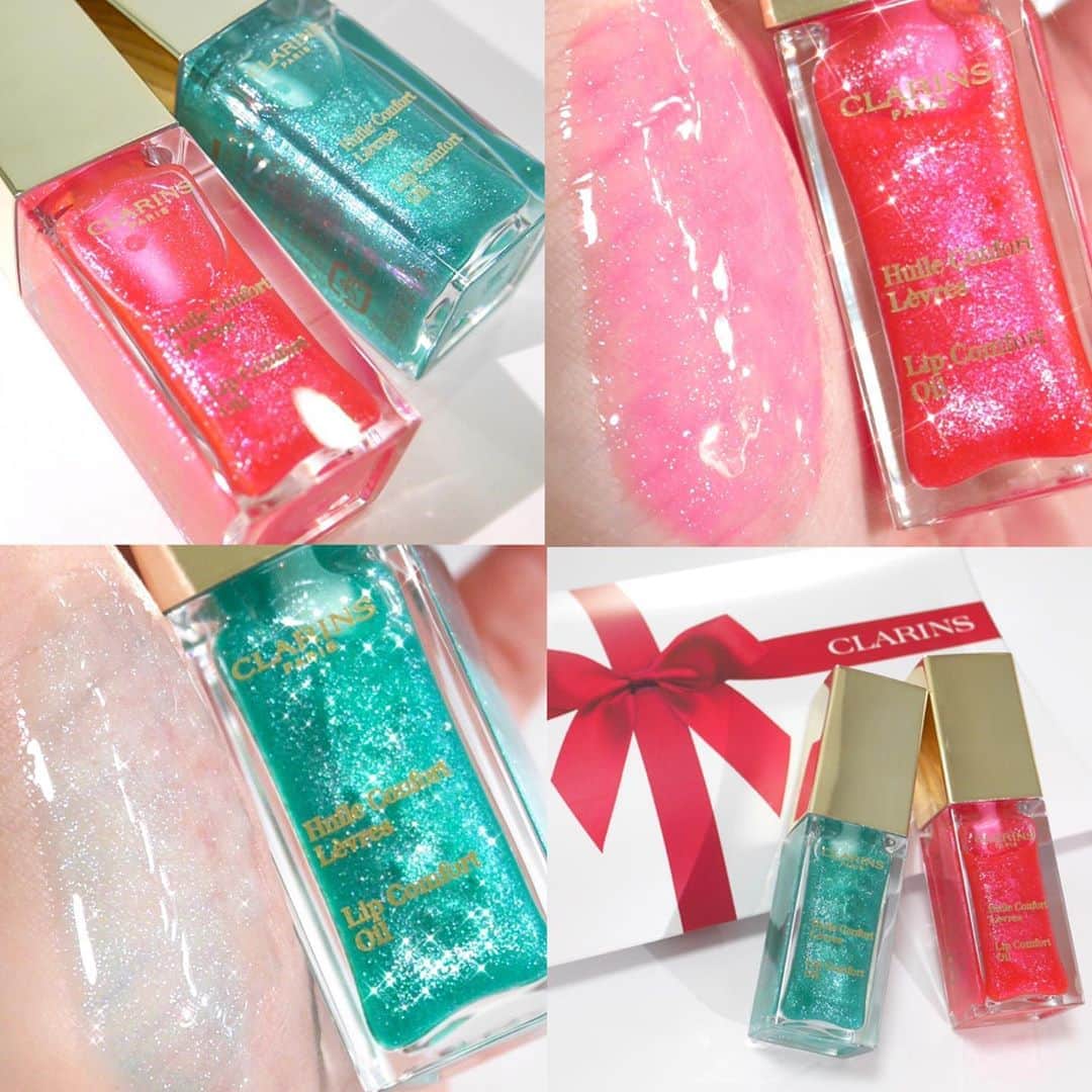 海老原りさのインスタグラム：「✨クラランスのベストセラー💄✨﻿ ﻿ ﻿ ﻿ ＼ キラキラ好きさん必見✨ ／﻿ ﻿ 10月16日 数量限定発売﻿ ✔︎コンフォート リップオイル 限定2色 ¥3,520(税込)﻿ 12 キャンディグラム﻿ 13 ミントグラム﻿ ﻿ ホリディシーズンを盛り上げるのは﻿ キラキラスパークリングカラー！✨﻿ ﻿ はぁ🥺めっちゃキラキラしてる…！✨﻿ ﻿ ﻿ 私はコンフォートリップオイルの﻿ 既存色を使ったことがあるんですが、﻿ ﻿ 唇にのせるとチラチラッと輝く感じて﻿ 手持ちのリップに重ねてニュアンスを変えるのに﻿ よく使っていたんです✍🏻﻿ ﻿ 限定色は画像でも分かるくらい﻿ パールがぎっしりで煌めきが綺麗なので﻿ こちら1本で仕上げても存在感がでる🥺💕﻿ ﻿ キャンディグラムは﻿ ミックスベリー(チェリー、ストロベリー、﻿ ラズベリー)のジューシーフレーバーで﻿ 甘さ100％の可愛らしいピンク🍓﻿ ﻿ ミントグラムはほんのりグリーンで﻿ 爽快なワイルドミントフレーバー🍐﻿ ミントグラムの幻想的なカラーと﻿ 清涼感のあるフレーバーが個人的にツボです😍﻿ ﻿ ﻿ 今の季節はマスクをしているけど﻿ ティッシュオフをしても潤いは残ってくれるので﻿ 唇のケアとして使っています〜😌💕﻿ ﻿ ﻿ ﻿ @clarinsjp  #クラランス#ベストセラー#コンフォートリップオイル#スパークリングカラー#リップオイル#リップグロス#clarins#candyglam#mintglam﻿」