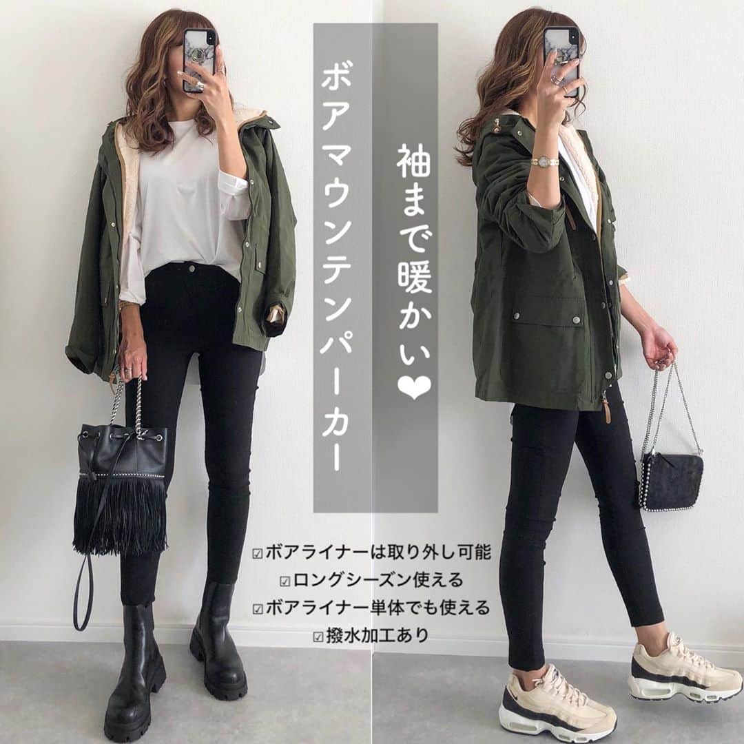 Miyoのインスタグラム：「2020.10.23 ・ ボアライナー付きマウンテンパーカー💚 ライナーは取り外し可能だから 春秋冬とロングシーズン使える👏🏻✨ ライナーは袖まであるので真冬でも暖かく 着れそうです🥰 165cm Lサイズ着用です♡ ・ ボアマウンテンパーカー… @classicalelf_official コットンシャツロングテールT…#UNIQLO#ユニクロ スキニー…#reedit ブーツ…#ZARA#ザラ スニーカー…#NIKE バッグ…#jandmdavidson 、ZARA ・ ・ ・ #クラシカルエルフ#classicalelf#エルフコーデ#コート#ボアコート#マウンテンパーカー#ザラジョ#ザラコーデ#ブーツ#スニーカーコーデ#ユニクロコーデ#秋コーデ#今日のコーデ#着回しコーデ#ママコーデ#ママファッション#プチプラコーデ#プチプラファッション#シンプルコーデ#カジュアルコーデ#大人カジュアル#大人可愛い#時尚」