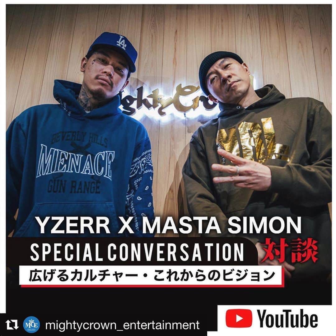 mastasimonのインスタグラム：「俺が会った日本のラッパーでかなりイケてると思った1人！ ・・・ YouTube更新🔥🔥 [SPECIAL CONVERSATION SERIES #4 ]  YZERR(BAD HOP) ×MASTA SIMON 対談 前編   第4回目のゲストは川崎からYZERR from BAD HOPを迎えてのスペシャルな対談となっています 彼らの結成から、MASTA SIMONとの初出会いなどなど、広げていくカルチャーと これからのビジョンの前編を公開！ - @mightycrown @mastasimon @yzerr_breath @badhop_official  #mightycrown #badhop #yzerr #mastasimon」