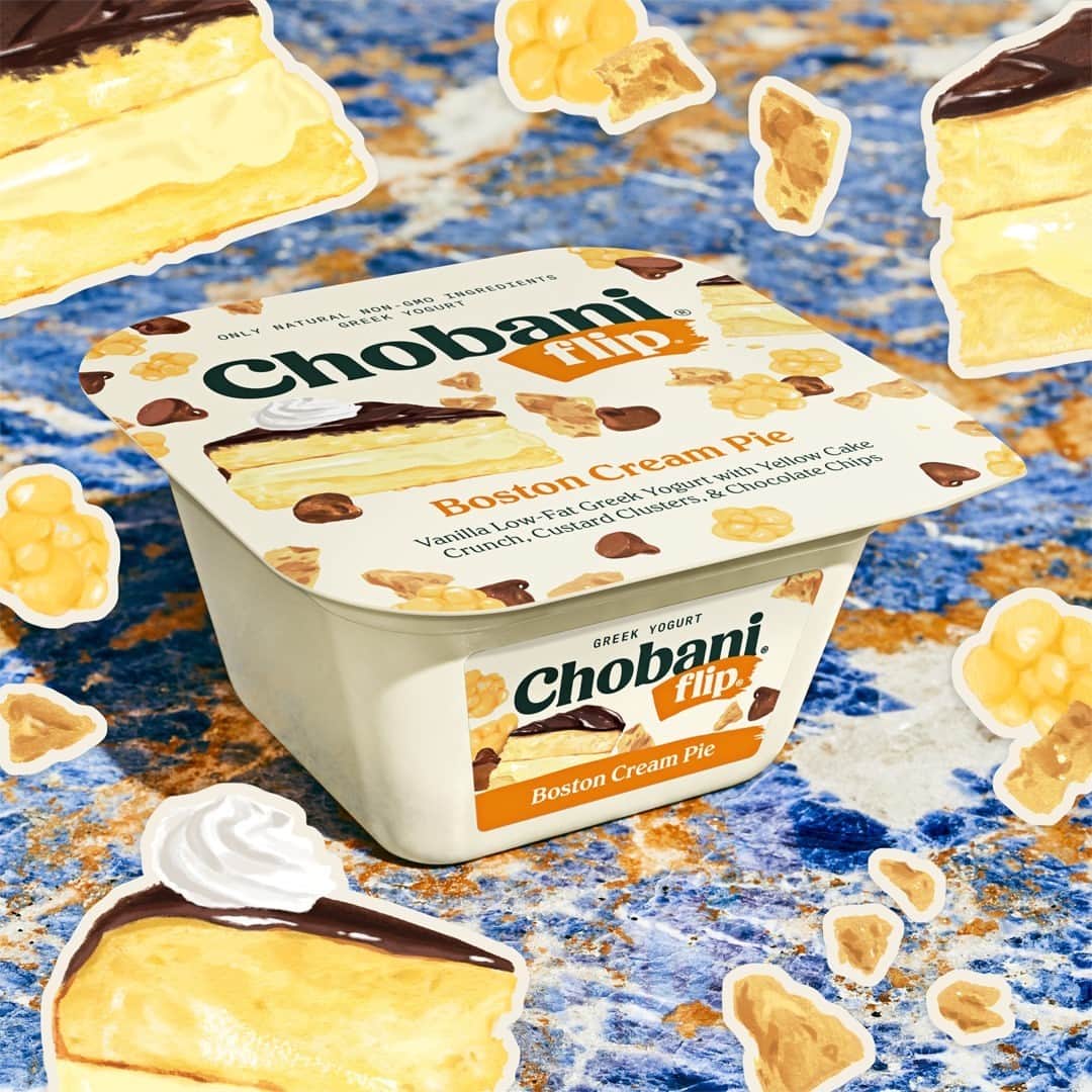 Chobaniのインスタグラム：「Spoonfuls of vanilla Greek Yogurt swirl with yellow cake crunch, custard clusters, and chocolate chips. Boston Cream Pie has never been creamier. Leave a 🥄 if you love this Flip flavor.」