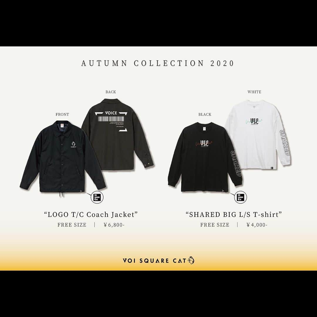 VOI SQUARE CATさんのインスタグラム写真 - (VOI SQUARE CATInstagram)「【NEW ARRIVAL】  🍁秋物新作グッズ解禁!!🍁  ◾︎"LOGO T/C Coach Jacket" [Price]：¥6,800 [Color]：BLACK [Size]：FREE  吸湿性と防しわ性に優れた上質なT/Cウェザー生地のボディを採用。機能性とファッション性に優れた、秋〜冬のマストアイテム！  ◾︎"SHARED BIG L/S T-shirt" [Price]：¥4,000 [Color]：BLACK / WHITE [Size] : FREE  サイズ感にこだわったビッグシルエットのロンT👕 胸には差し色が映える胸ロゴで、重ね着でも単体でも着こなせる一枚！  *各商品ページにてその為詳細掲載  ▼ーーーーーーーー▼ 2020年11月1日 発売  公式オンラインストアにて、 先行予約受付開始!!🤳  🙌ぜひご予約ください！🙌  #voisquarecat #ぼいすく #秋のボイまつり #ファッション #コーチジャケット #ロンt」10月24日 0時10分 - voisquarecat