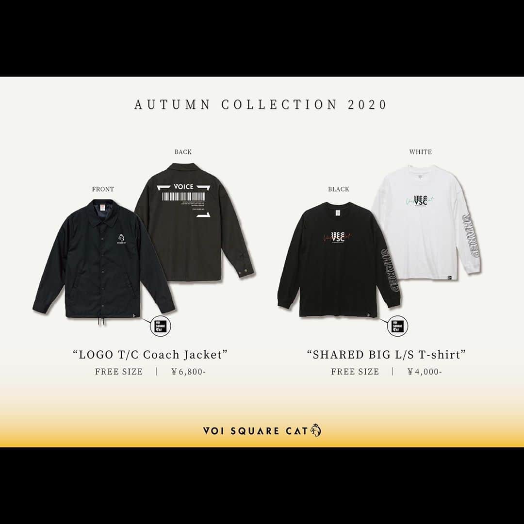 VOI SQUARE CATのインスタグラム：「【NEW ARRIVAL】  🍁秋物新作グッズ解禁!!🍁  ◾︎"LOGO T/C Coach Jacket" [Price]：¥6,800 [Color]：BLACK [Size]：FREE  吸湿性と防しわ性に優れた上質なT/Cウェザー生地のボディを採用。機能性とファッション性に優れた、秋〜冬のマストアイテム！  ◾︎"SHARED BIG L/S T-shirt" [Price]：¥4,000 [Color]：BLACK / WHITE [Size] : FREE  サイズ感にこだわったビッグシルエットのロンT👕 胸には差し色が映える胸ロゴで、重ね着でも単体でも着こなせる一枚！  *各商品ページにてその為詳細掲載  ▼ーーーーーーーー▼ 2020年11月1日 発売  公式オンラインストアにて、 先行予約受付開始!!🤳  🙌ぜひご予約ください！🙌  #voisquarecat #ぼいすく #秋のボイまつり #ファッション #コーチジャケット #ロンt」