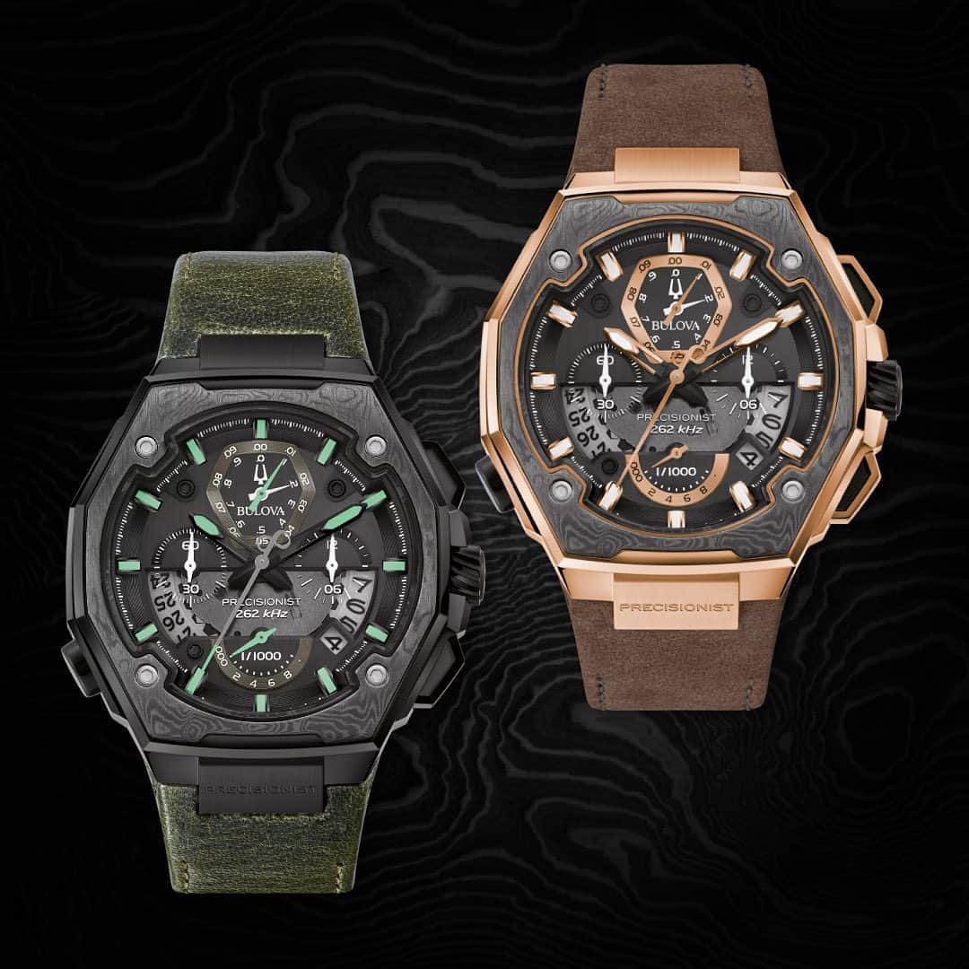 のインスタグラム：「Marking ten years of technology and design innovation embodied in the groundbreaking Precisionist, Bulova unveils the Precisionist X Special Edition. Coming in two distinctive styles, the new watch features statement-making case shapes and dial designs, plus a striking gray Damascus steel top ring insert, and offers unparalleled timekeeping accuracy. #Bulova — ⏱: 98B356 MSRP: $1,295.00 USD CASE: ø 44.5 mm — ⏱: 98B355 MSRP: $1,295.00 USD CASE: ø 44.5 mm」