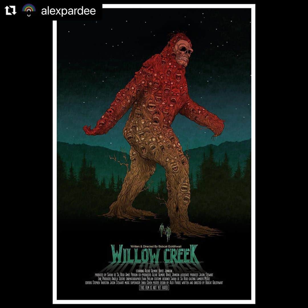 ブライス・ジョンソンのインスタグラム：「Check out the incredible details on the Willow Creek poster. Made possible by the incredibly talented @alexpardee Also a little trivia- this image is also tattooed on the director @bobcatgoldthwait 🤘🏽👹 #willowcreek #bigfoot」
