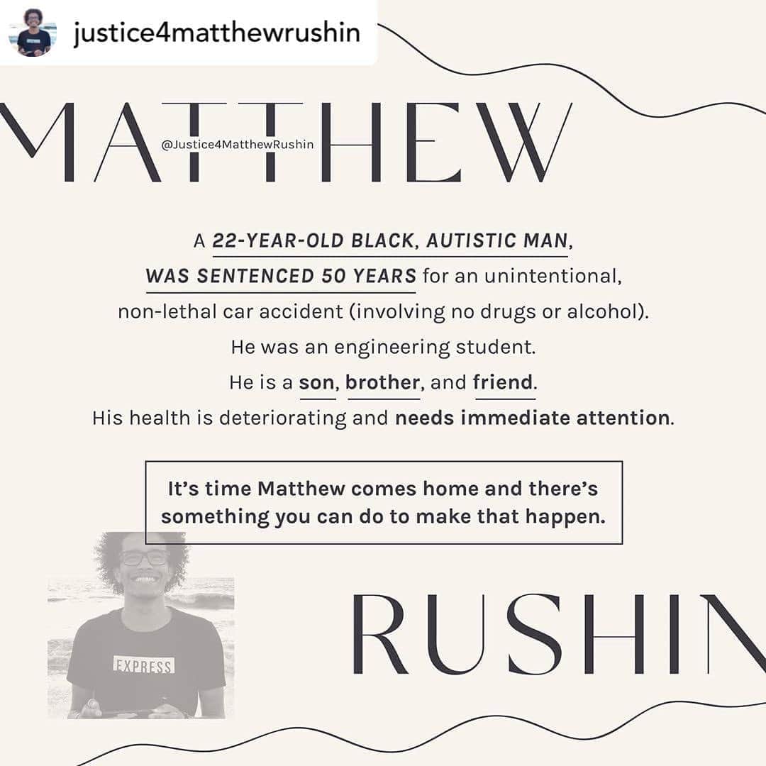ジョディ・スウィーティンさんのインスタグラム写真 - (ジョディ・スウィーティンInstagram)「If you haven’t heard of #matthewrushin I hope you’ll read this post, and follow @justice4matthewrushin (run by his mom). This story is heartbreaking and needs some action!   Posted @withregram • @justice4matthewrushin #FreeMatthewRushin   Friday bliss ❤️🙏❤️ He is our soul. I love to see him smile.  Please help us share his story. We have added a call button on the linktree located on my profile bio. He needs urgent medical attention & needs to be released now.   Matthew Rushin is a black, autistic 22-year-old male from Virginia Beach. Matthew was sentenced to 50 years for a nonfatal, unintentional car accident involving no drugs or alcohol. Accident caused by him having a seizure.   If you are thinking there must be more to the story, there is. One of Matthew’s autistic processes is called Echolalia, which causes him to repeat words that he hears. After the car accident, Matthew stepped out of his car & was met by an angry driver who cursed at him and repeatedly yelled at him “are you f***ing trying to kill yourself?” In his distressed state, Matthew repeated these man’s words about suicide: words that were used to turn a car accident into a crime.   Matthew was charged with 2nd degree murder with a claim that the accident was an intentional attempt to kill himself by deliberately driving head-on into another car. Officers did not exhibit any understanding of autism in their interpretations of Matthew’s comments and actions. Instead, they took advantage of his vulnerability as they handcuffed him, questioned him for nearly 4 hours at the scene, lied to him about evidence, isolated him from his family. A forensic engineer & traffic collision reconstructionist with 33 years’ experience has written a report detailing the ways the Commonwealth’s suicide determination as a cause for the accident is NOT a plausible explanation.   Facing the terrifying prospect of a jury trial, Matthew was pressured to plead guilty to crimes he didn’t commit, led to believe it would allow him to go home. He was never properly treated or evaluated, and his health & disability were never properly considered. Today, Matthew sits in prison without an understanding of why he is there.」10月24日 0時55分 - jodiesweetin
