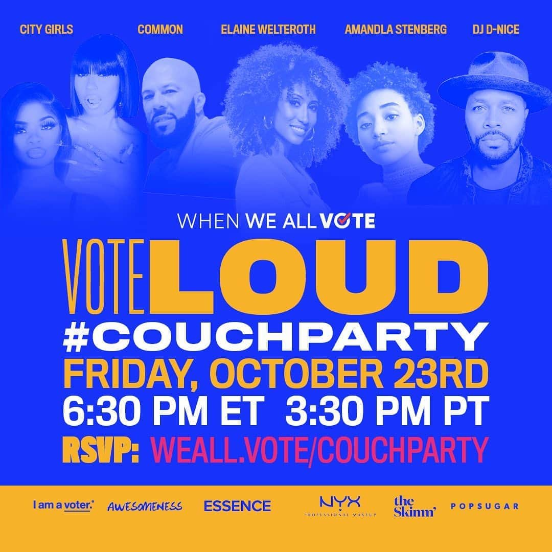 コモンさんのインスタグラム写真 - (コモンInstagram)「IT’S TIME TO VOTE LOUD?! 📣  Join me today and my @WhenWeAllVote friends for the FINAL #CouchParty to make sure YOU and your squad are ready to vote. @michelleobama」10月24日 1時52分 - common