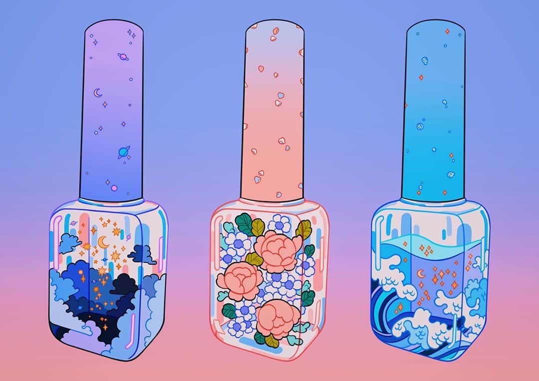 meyocoさんのインスタグラム写真 - (meyocoInstagram)「My artwork commissioned by @popcoat for their collaboration with Dgel, a Korean gel polish brand (@dgel_korea/@dgelindonesia). Based on Dgel’s nail polish bottle shape. Had a lot of fun working on these. 💙」10月24日 2時05分 - meyoco