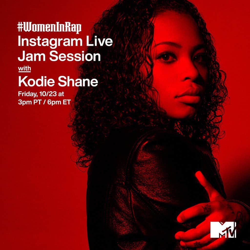 のインスタグラム：「Time to close out these #WomenInRap jam sessions with an extra-special guest: @kodieshane ❤️❤️❤️ Hop into my Instagram Live at 3pm PT / 6pm ET!」