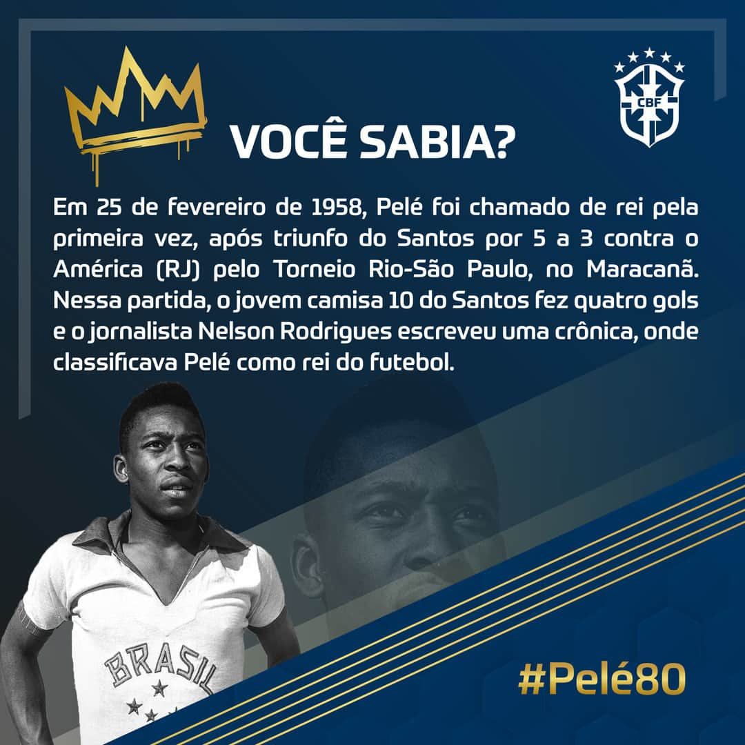 サッカー ブラジル代表チームさんのインスタグラム写真 - (サッカー ブラジル代表チームInstagram)「Mais uma curiosidade sobre o Rei Pelé, que completa 80 anos nesta sexta! 👑⚽🇧🇷 ⠀ #Pele80 #ORei80」10月24日 4時30分 - cbf_futebol