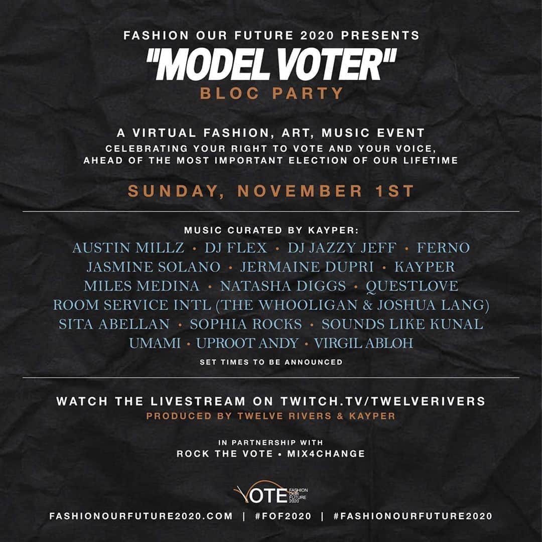 Fashion Weekのインスタグラム：「Party in the USA 🇺🇸 Celebrate your right to vote this Sunday, November 1 with @fashionourfuture2020’s ✨ “MODEL VOTER” Bloc Party ✨ Join the virtual fashion, art and music event live on twitch.tv/twelverivers. ⁠⠀ ⁠⠀ 🎶 @austinmillz, @therealdjflex, @djjazzyjeff, @djferno, @xojsmn, @jermainedupri, @kayperofficial, @milesmedina, @natashadiggs, @questlove,  @roomserviceintl, @thewhooligan, @joshualang, @sitabellan, @djsophiarocks, @soundslikekunal, @djumami, @uprootandy and @virgilabloh 🎶⁠⠀ ⁠⠀ Produced by @twelveriversproductions & @kayperofficial.⁠⠀ In partnership with @rockthevote & @mix4changeofficial.⁠⠀ ⁠⠀ #ModelVoter #FOF2020⁠⠀」