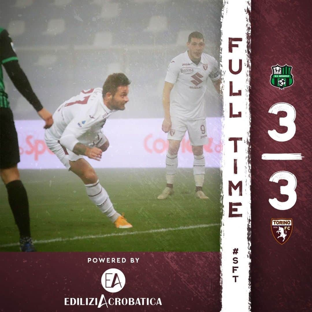 トリノFCさんのインスタグラム写真 - (トリノFCInstagram)「⏱️ FULL TIME  #SassuoloTorino 3-3  ⚽️33' Linetty ⚽️71' Djuricic ⚽️77' Belotti ⚽️80' Lukic ⚽️84' Chiriches ⚽️85' Caputo  #SempreForzaToro #SFT #serieA」10月24日 5時47分 - torinofc1906