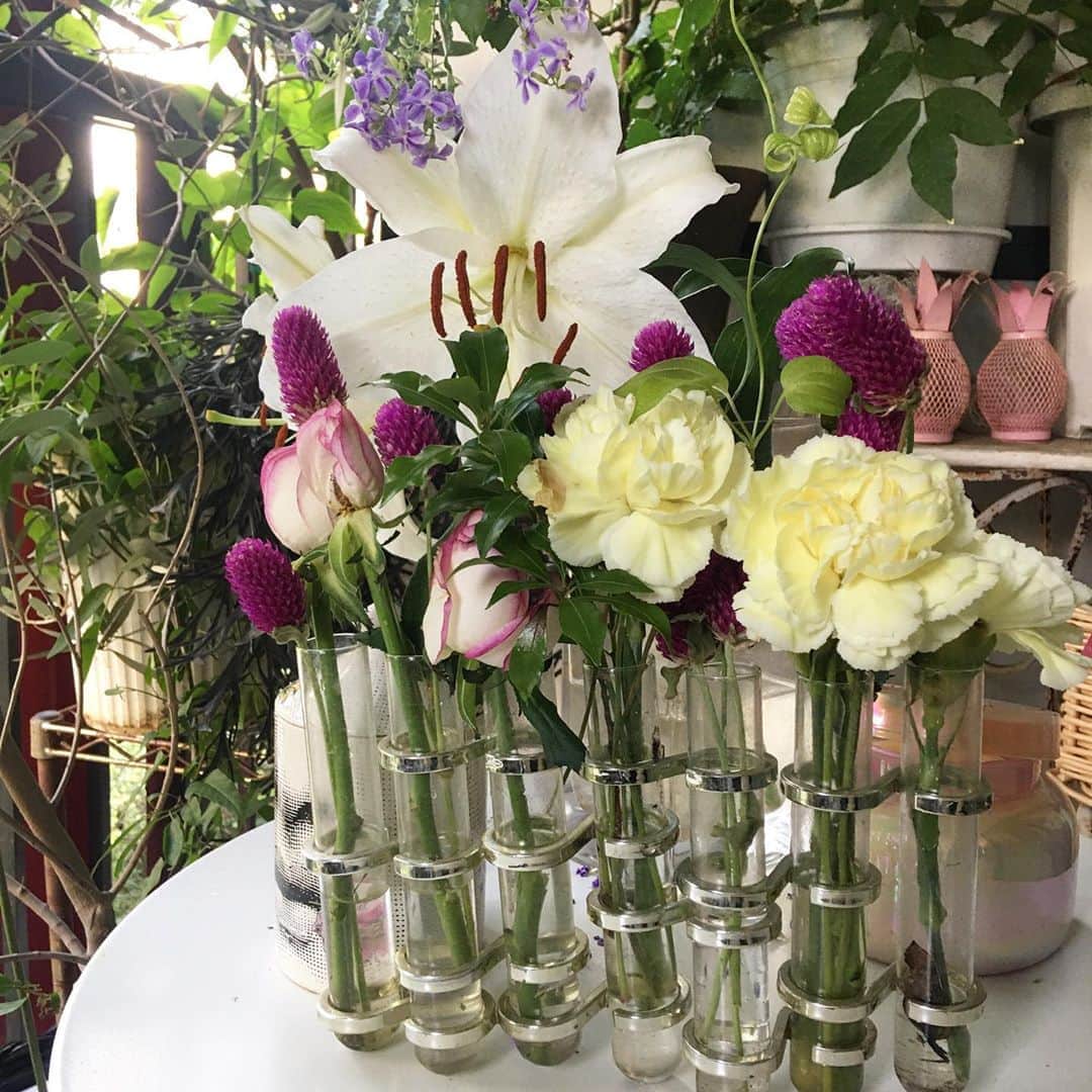 増山敬子さんのインスタグラム写真 - (増山敬子Instagram)「おはよう♡ お誕生日の時に沢山花束を頂いて、 しばらく花束で飾って、飾り終わったあと、 ダメージの少なかったお花たちは #試験管フラワーベース でアレンジメントを してます♡ これ2000円で買えちゃうよ😙👍🏼 いろんな種類の#試験管花瓶 があって、 ストーリーでリンクしたからみてみてね🤗 さぁ、土日掃除スイッチが入りますように！笑」10月24日 12時23分 - keikomasuyama