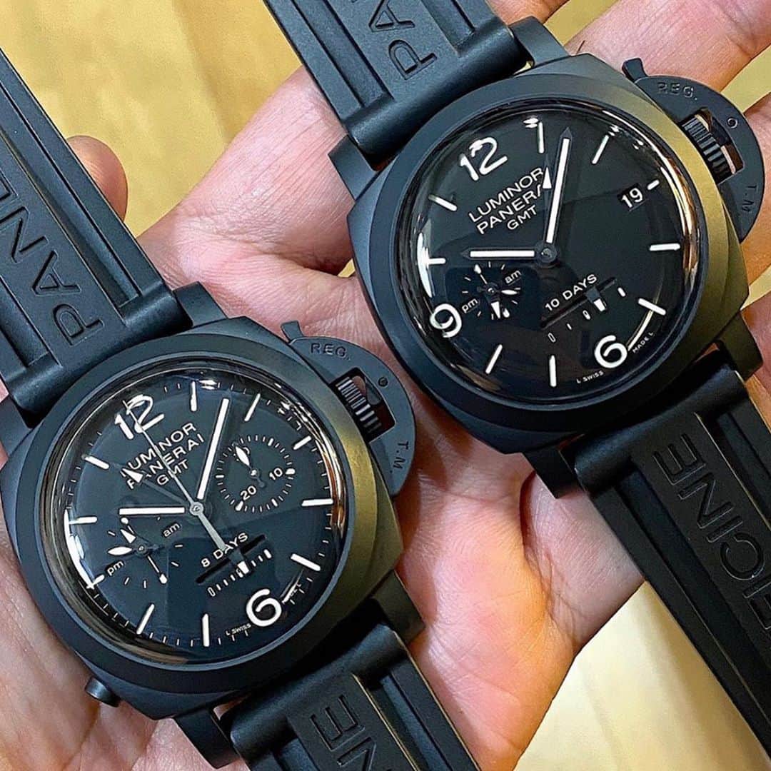 パネライのインスタグラム：「Which ceramic is your winner in this head to head battle. The 👈 #Panerai #PAM317 Monopulsante Chrono or the 👉 #PAM335 10 Day GMT #paneraicentral pic by @peterloveone」