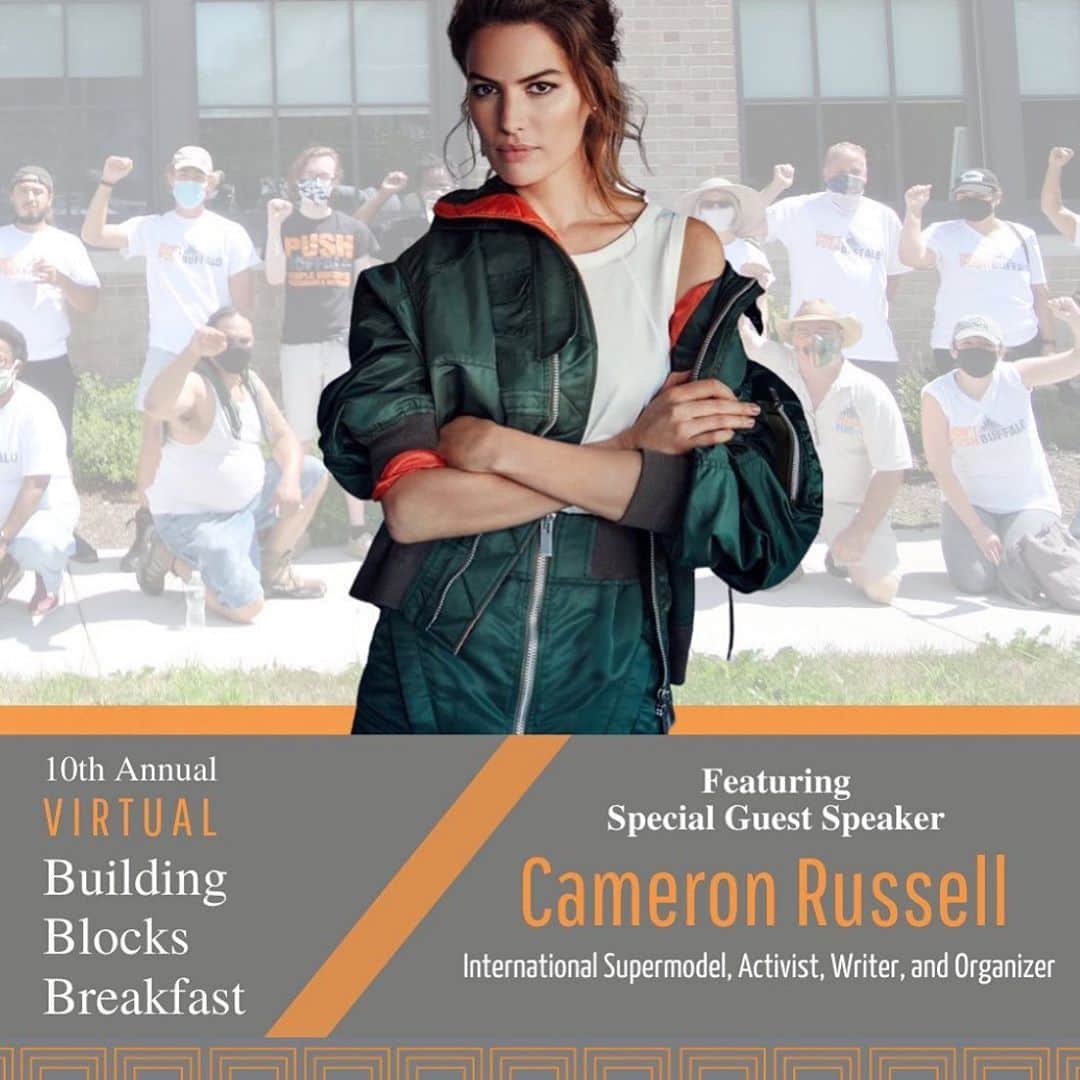 キャメロン・ラッセルのインスタグラム：「Join us this Thursday to learn about the incredible work of @pushbuffalo!  Sometimes learning about climate justice solutions feels like reading fiction, but PUSH has again and again dreamed and then made incredible inclusive sustainable things happen. Think green new deal sounds great but don’t believe it could be the jobs program we need to pull us out of this depression? PUSH has weatherized 550 units, and developed 99 units of affordable housing, 5 of affordable commercial space, with 49 more units planned meeting net zero standards, of which 30% will be supportive housing for those living with chronic mental illness/addiction. This also means incredible new jobs & job training for the new economy. Their work can’t really be captured in an Instagram caption — I haven’t even mentioned the sustainable fashion program started by and for youth !! — so to hear about this and more, to be filled with hope, and to be in solidarity with frontline communities leading us all, tune in! LINK IN BIO to register for free.」