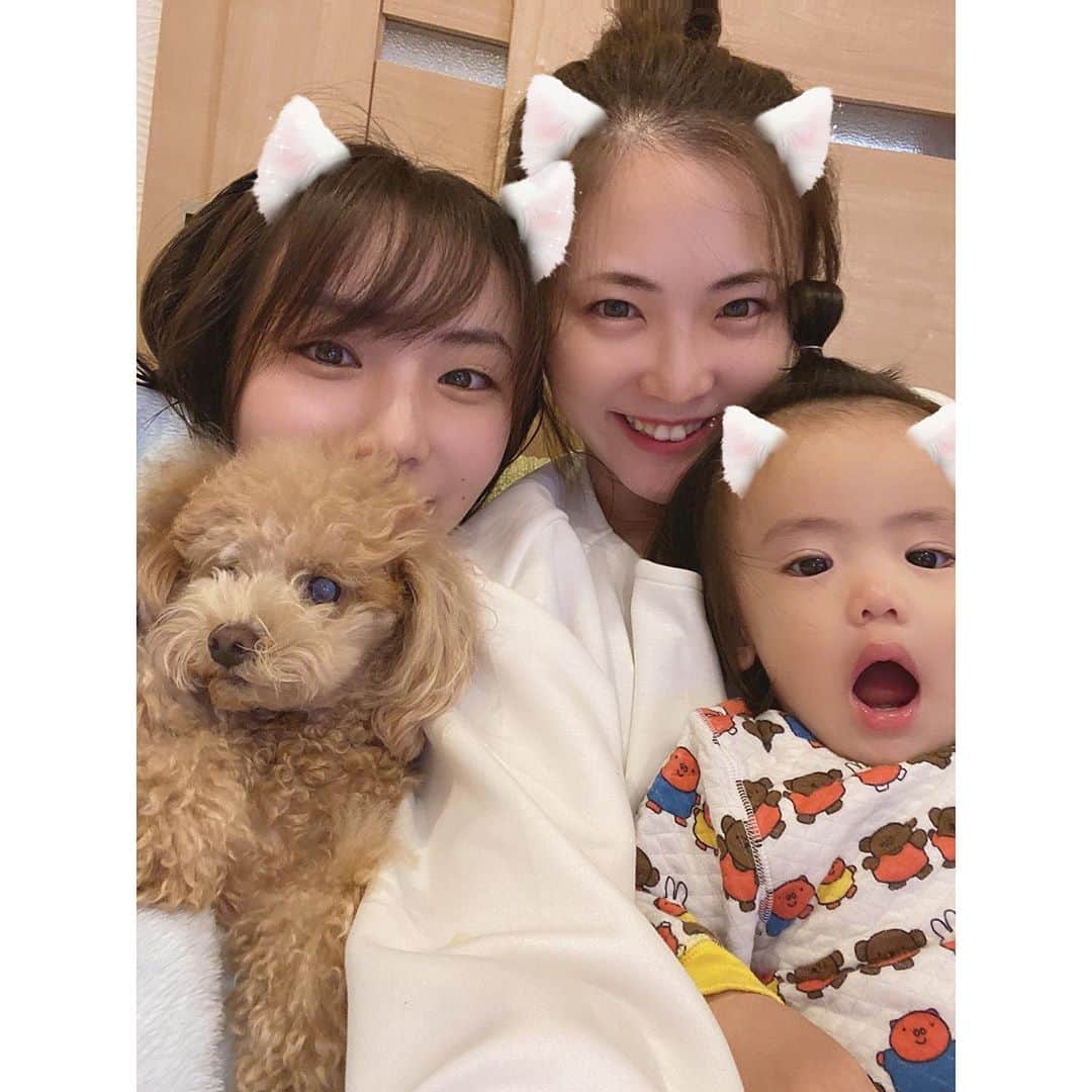 姫野れみのインスタグラム：「お風呂上がり女子４ショット💕  #1st #baby #girl #babygirl #15months #babyfashion #1歳 #15ヶ月 #ベビー #赤ちゃん #女の子ベビー #女の子 #ベビフル #ベビモ #姉妹 #ベビーフォト #赤ちゃんのいる生活 #べびすたぐらむ #親子ショット #愛犬 #タイニープードル #タイニー #トイプードル #トイプー #お風呂上がり」