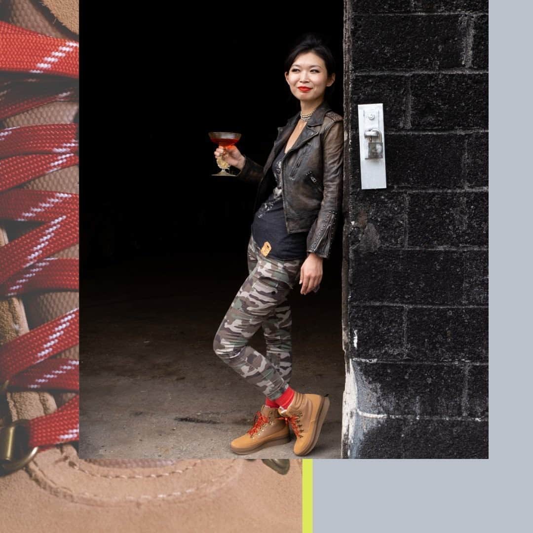 Kedsのインスタグラム：「Women’s Cocktail Collective (@womenscocktailcollective) member, Yuan Ji, knows all about the importance of the right pairing. When it comes to a fierce leather-and-camo look, an equally fierce shoe is required. Cue our tan Midland wedged boot.」
