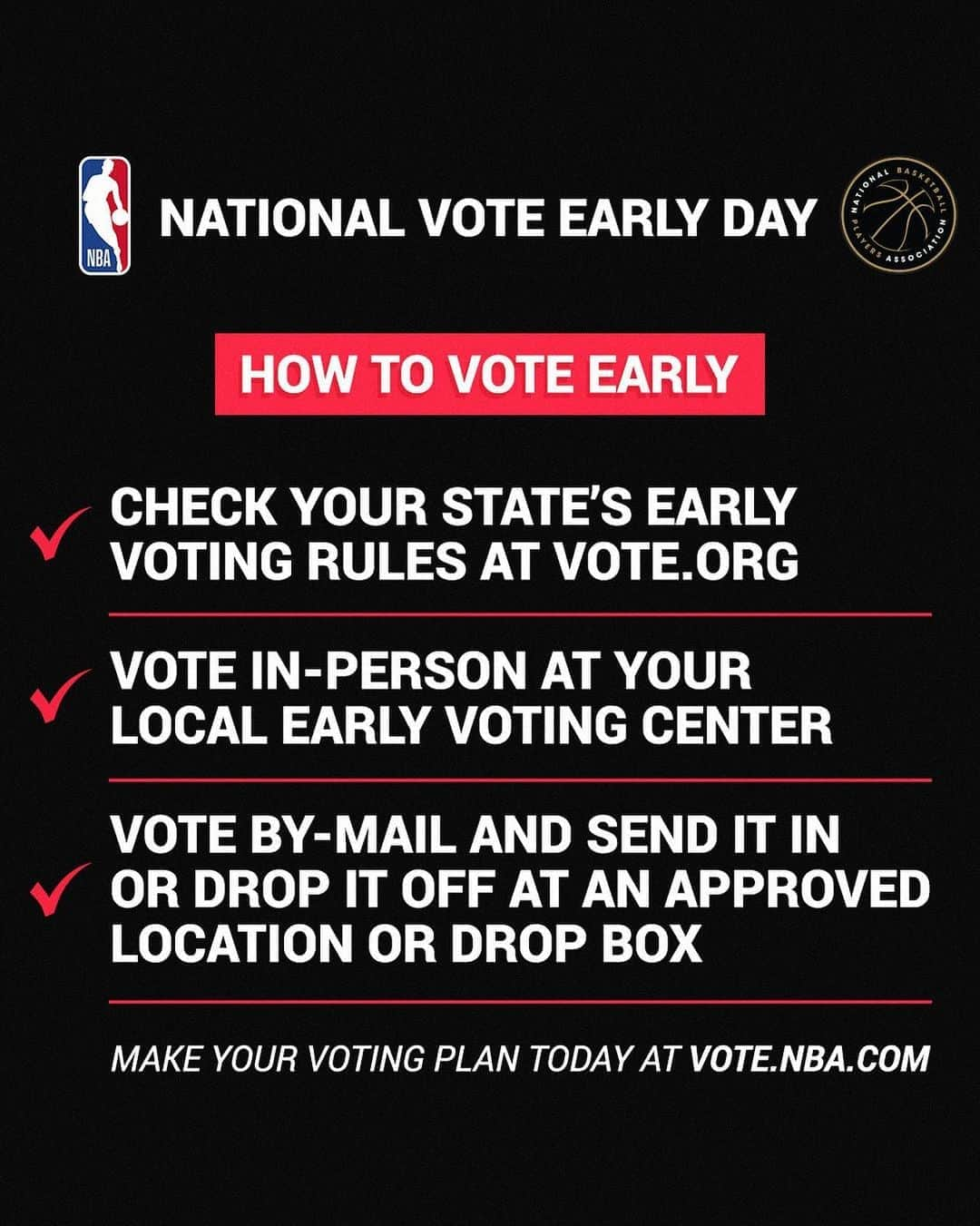 NBAさんのインスタグラム写真 - (NBAInstagram)「The election is happening now and today is #VoteEarlyDay! Voting early by-mail or in-person helps reduce wait times at the polls on election day. Don’t wait, make your early voting plan today at vote.nba.com.」10月25日 0時02分 - nba