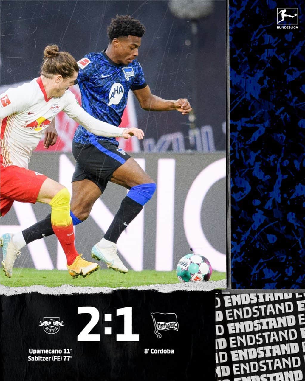 ヘルタ・ベルリンのインスタグラム：「In Unterzahl verlieren wir knapp gegen RB Leipzig. 🙁 Der Kampfgeist war da! 💪💙 Schade, Jungs! 😭 . . #RBLBSC #HaHoHe #herthabsc」