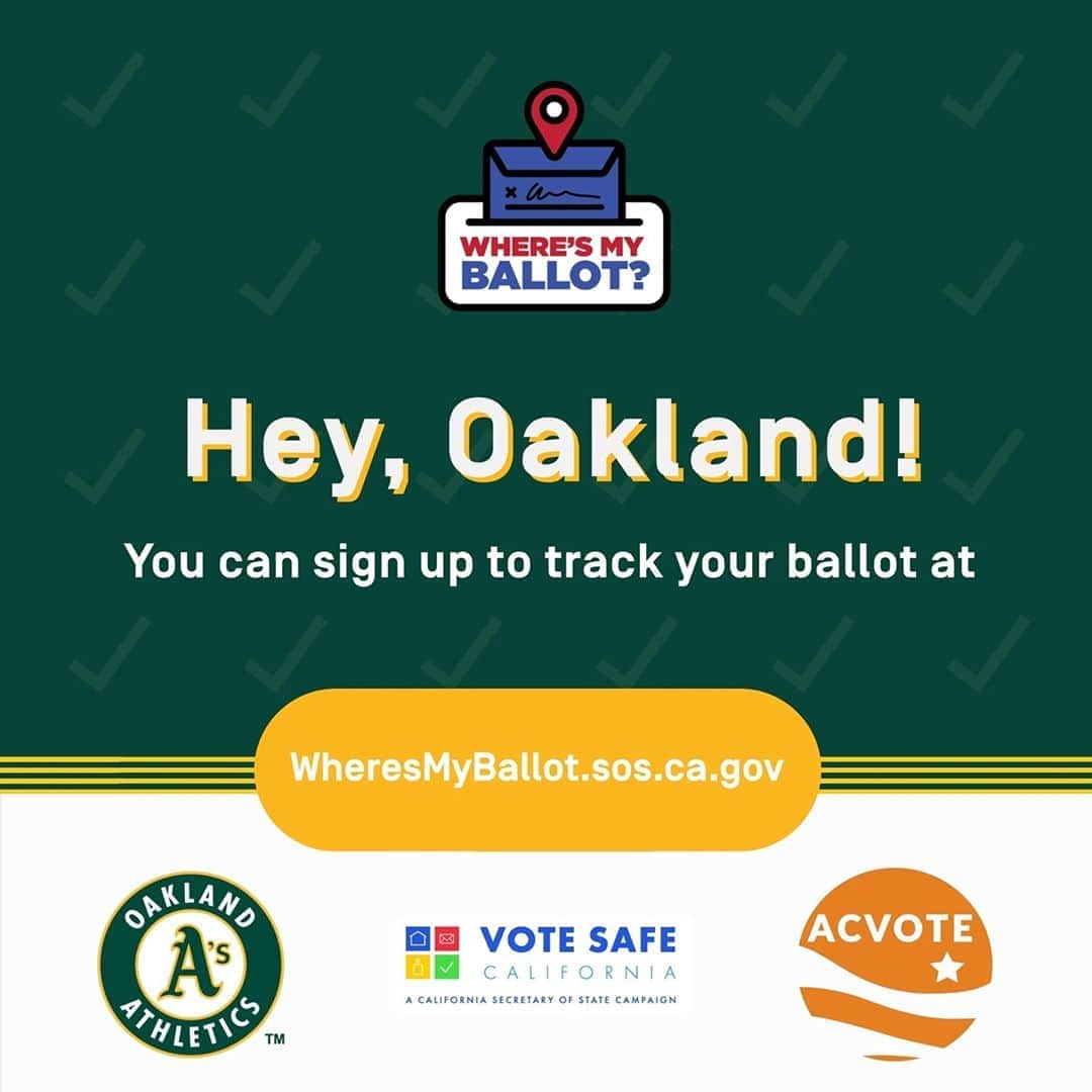 オークランド・アスレチックスさんのインスタグラム写真 - (オークランド・アスレチックスInstagram)「It’s National Vote Early Day! Get in the game and cast your vote today. Check out https://caearlyvoting.sos.ca.gov/ to find early voting and ballot drop-off locations throughout California. #VoteSafeCA #VoteCalifornia」10月25日 0時31分 - athletics