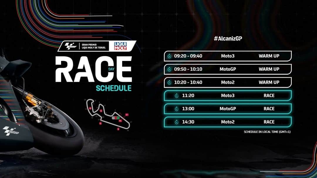 MotoGPさんのインスタグラム写真 - (MotoGPInstagram)「#AlcanizGP Race Day Schedule ⏰ Keep in mind that Daylight Saving Time ends tonight in Spain and Sunday Local Time will be GMT+1! 🔄」10月25日 3時30分 - motogp