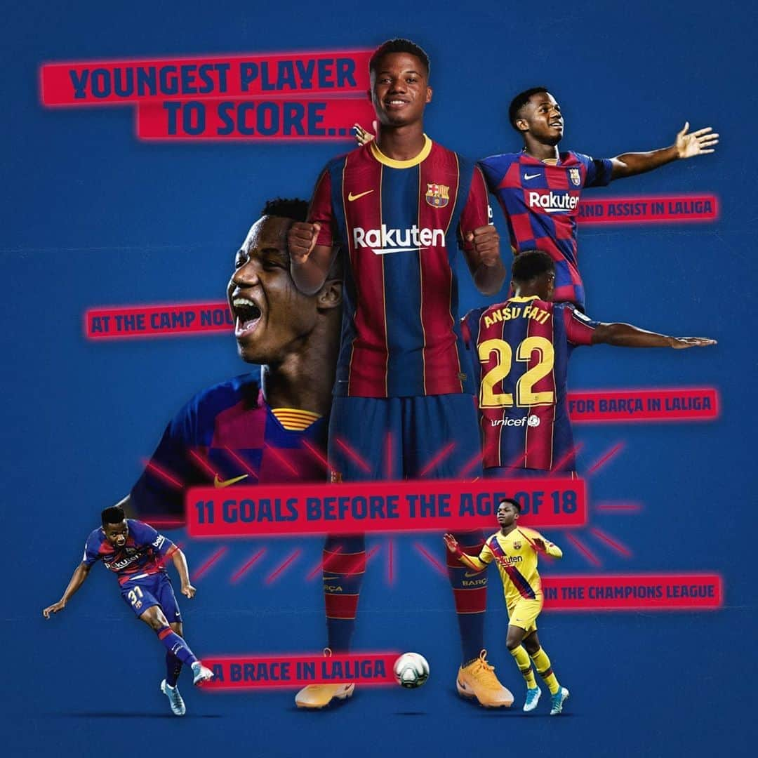 FCバルセロナさんのインスタグラム写真 - (FCバルセロナInstagram)「@ansufati: ✅ Youngest goal scorer EVER in Barça history ⠀ ✅ Youngest goal scorer EVER in @championsleague history ⠀ ✅ Youngest goal scorer EVER in Spain's national team history ⠀ ✅ Ties @LaLiga record for most goals ever scored by a player under 18 years old.」10月25日 3時38分 - fcbarcelona