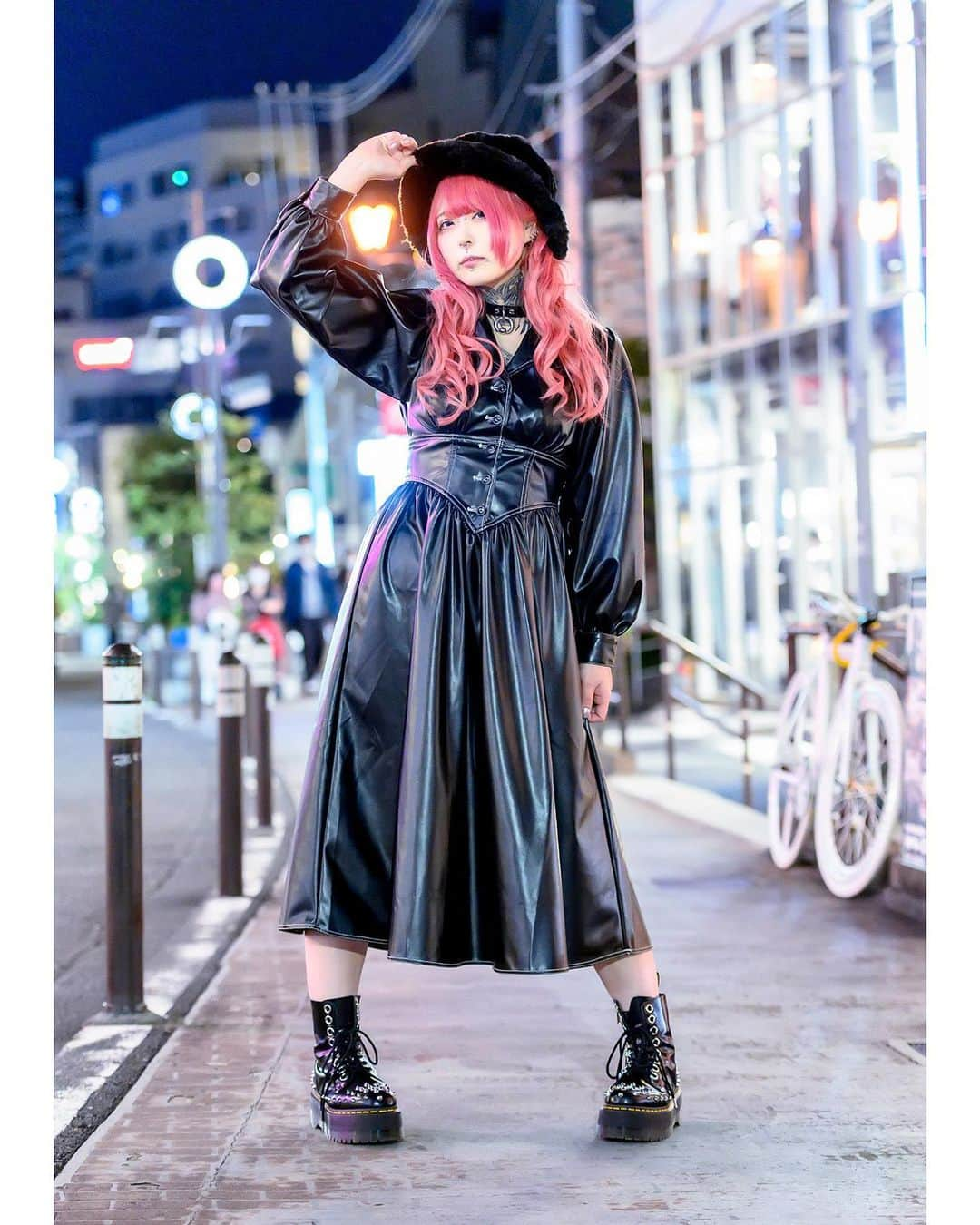 Harajuku Japanさんのインスタグラム写真 - (Harajuku JapanInstagram)「Japanese tattoo model Nougami (@nougami16344) on Cat Street in Harajuku tonight wearing a Jouetie faux leather dress, a Nyulycadelic choker, piercings, a fuzzy hat, Gucci, RNA, and Dr. Martens spiked boots. Her favorite musical group is Lynch.」10月25日 4時44分 - tokyofashion