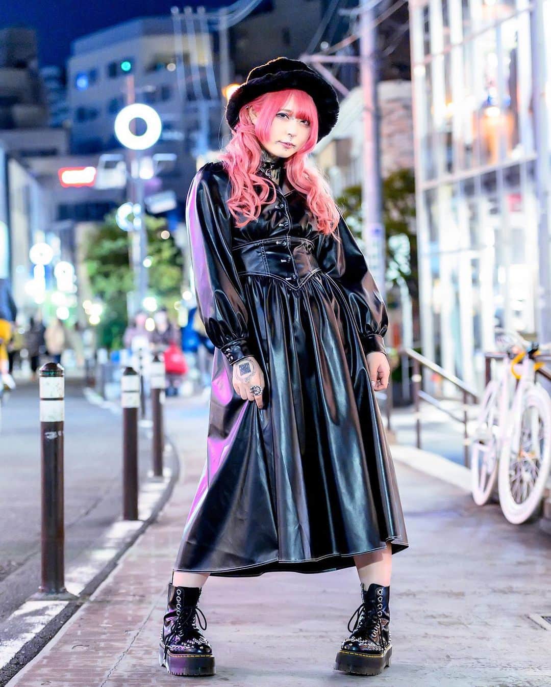 Harajuku Japanさんのインスタグラム写真 - (Harajuku JapanInstagram)「Japanese tattoo model Nougami (@nougami16344) on Cat Street in Harajuku tonight wearing a Jouetie faux leather dress, a Nyulycadelic choker, piercings, a fuzzy hat, Gucci, RNA, and Dr. Martens spiked boots. Her favorite musical group is Lynch.」10月25日 4時44分 - tokyofashion