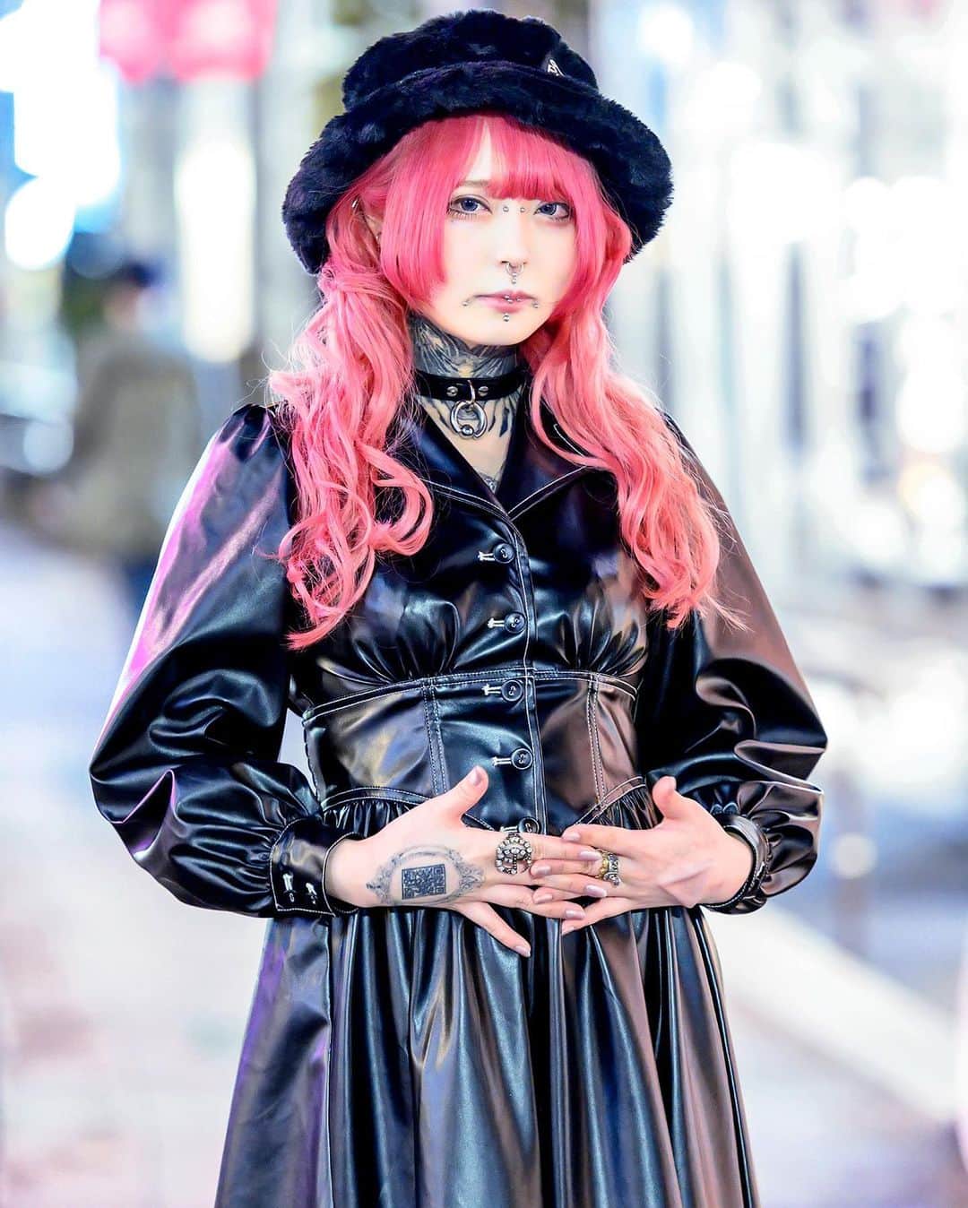 Harajuku Japanさんのインスタグラム写真 - (Harajuku JapanInstagram)「Japanese tattoo model Nougami (@nougami16344) on Cat Street in Harajuku tonight wearing a Jouetie faux leather dress, a Nyulycadelic choker, piercings, a fuzzy hat, Gucci, RNA, and Dr. Martens spiked boots. Her favorite musical group is Lynch.」10月25日 4時44分 - tokyofashion