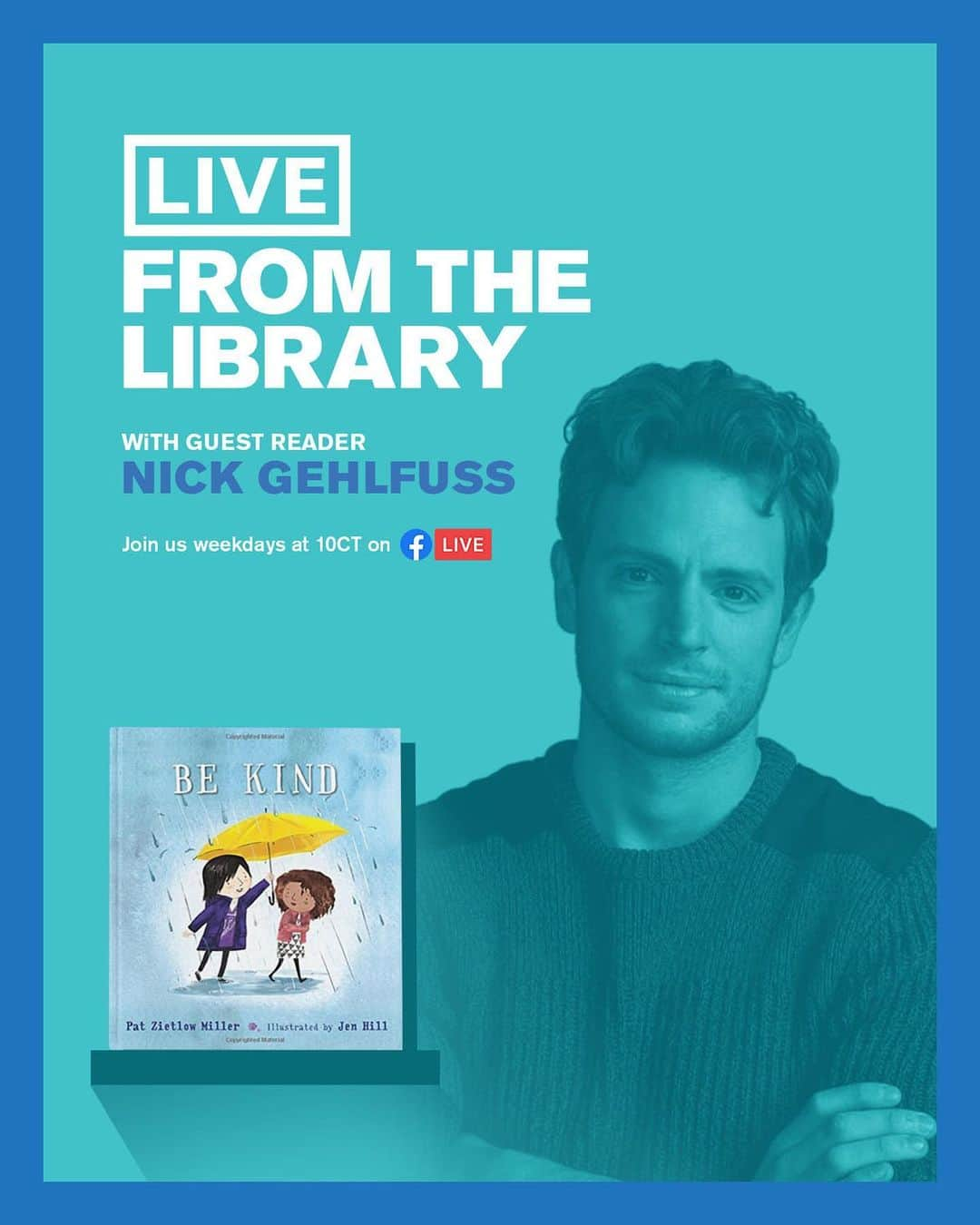 ニック・ジェフスのインスタグラム：「Join @chicagopubliclibrary ‘s Facebook Live, Monday at 10am CT for story time! I’ll be reading Be Kind by @patzmill」