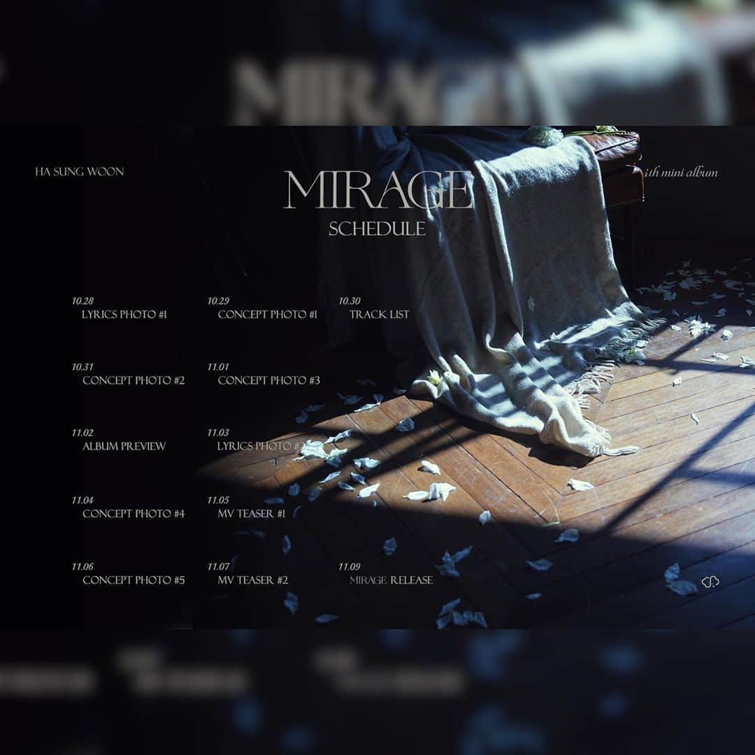 ハ・ソンウンさんのインスタグラム写真 - (ハ・ソンウンInstagram)「[☁] ⠀ HA SUNG WOON 4th MINI ALBUM ⠀ 'MIRAGE' SCHEDULE ⠀ 2020.11.09  6PM (KST) RELEASE ⠀ #하성운  #HASUNGWOON #MIRAGE #COMEBACK」10月25日 12時00分 - official.hasungwoon