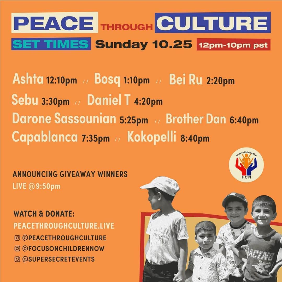 キャピタル・シティーズのインスタグラム：「Tomorrow I’m debuting new music with a DJ set at 3:30pm PST for a fundraiser for Artsakh called “Peace Through Culture”. We will be raffling off signed Capital Cities vinyl records and proceeds will go to help kids in Armenia @peacethroughculture @focusonchildrennow @supersecretevents」