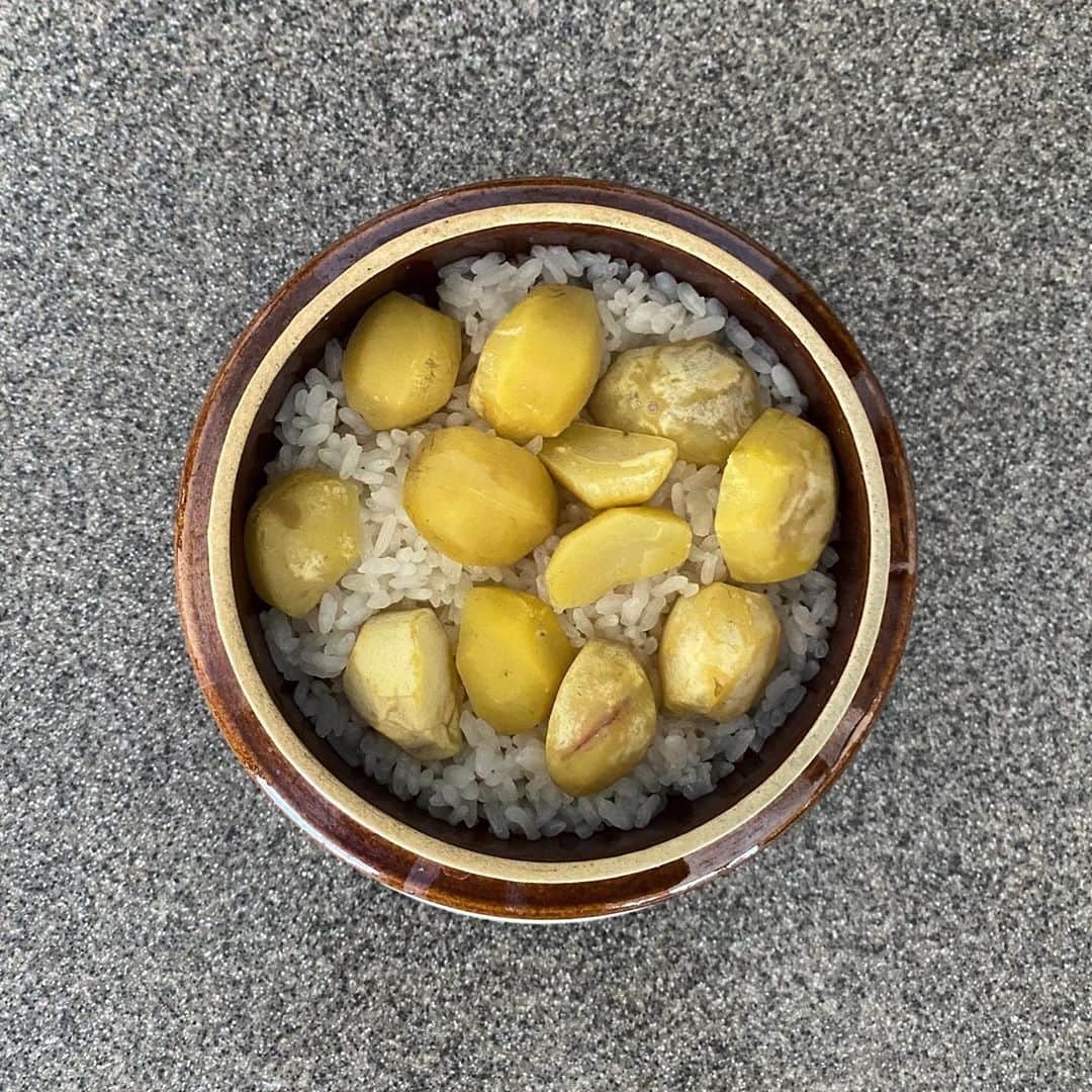 後藤正文のインスタグラム：「栗釜飯  米1/2合 餅米1/4合 栗  水 150cc 白出汁 大さじ1 塩 小さじ1/2 醤油 数滴  半額で叩き売られていた剥き栗を救出して秋らしい釜飯に。炊飯器ならいざ知らず、釜飯の釜では栗に火が通らない気がしたので、栗は軽く茹でてから投入。思った通りの味。シンプルで美味しい。89点。  #空前の自作釜飯ブーム #非モテ飯 #season4 #のはら農研塾 #100杯目にどうなってるかわからない釜飯」