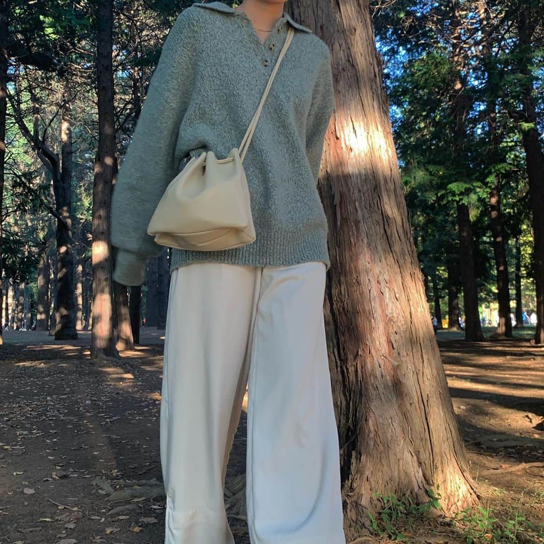 Alisaのインスタグラム：「autumn forest🧘🏻‍♀️🪐🌿 お休みの日は久しぶりに公園に行って森林浴 自然とわんちゃんたちに癒されたー！  一気に寒くなってきて最近はニット一枚で 出掛けてもちょうどいい気候で嬉しいな  @magnolia_tokyo  mini hoopsは最近シルバーの着用率が高めです☺️  ☑︎sparkle snake chain choker ☑︎elementary ring ☑︎mini hoops  #sunday#autumn」