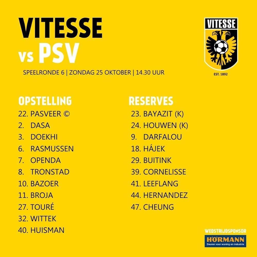 フィテッセさんのインスタグラム写真 - (フィテッセInstagram)「Team news ✊⠀ ⠀ Come on Vites! 🔥⠀ ⠀ #Vitesse #vitpsv #WijVoorJullieJullieVoorOns」10月25日 21時15分 - mijnvitesse
