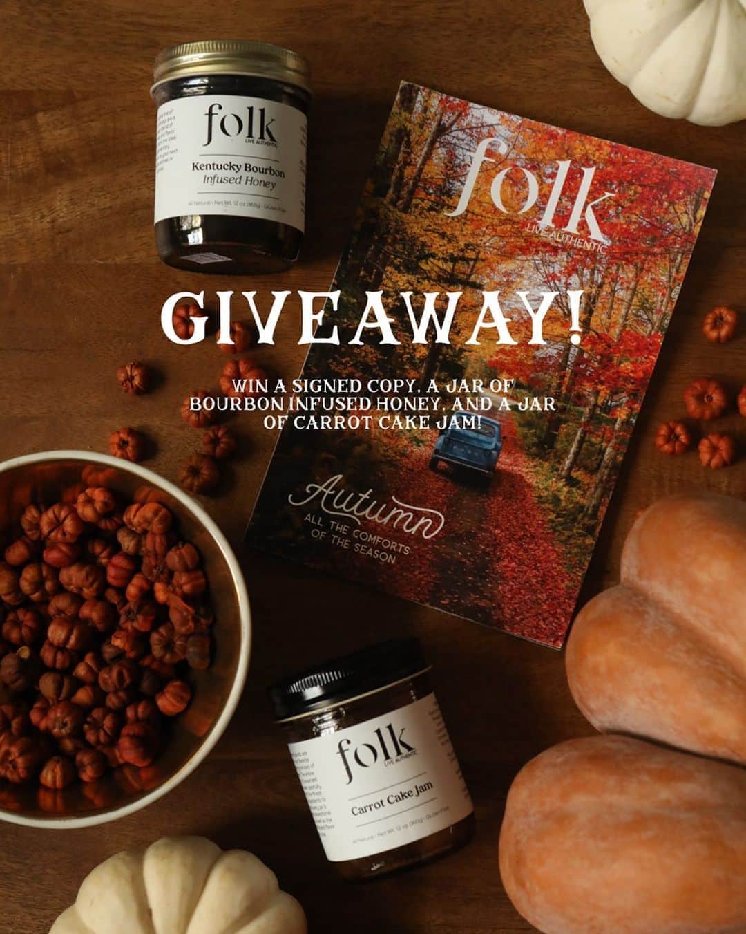 FOLKのインスタグラム：「GIVEAWAY! I really love the @folkmagazine autumn issue and I’ve loved getting to share it with you. As we wrap up this issue I want to do a giveaway! One winner will win a signed autumn issue, a jar of our bourbon infused honey, and our carrot cake jam. Three perfectly autumn things. All made in America. To enter tag a friend in the comments. The winner will win a set for themselves and to give to the tagged friend. The giveaway ends Wednesday night at 6 eastern. If you’d like to order a copy of the issue please visit www.folkgeneral.com Use code AUTUMN for free shipping.」