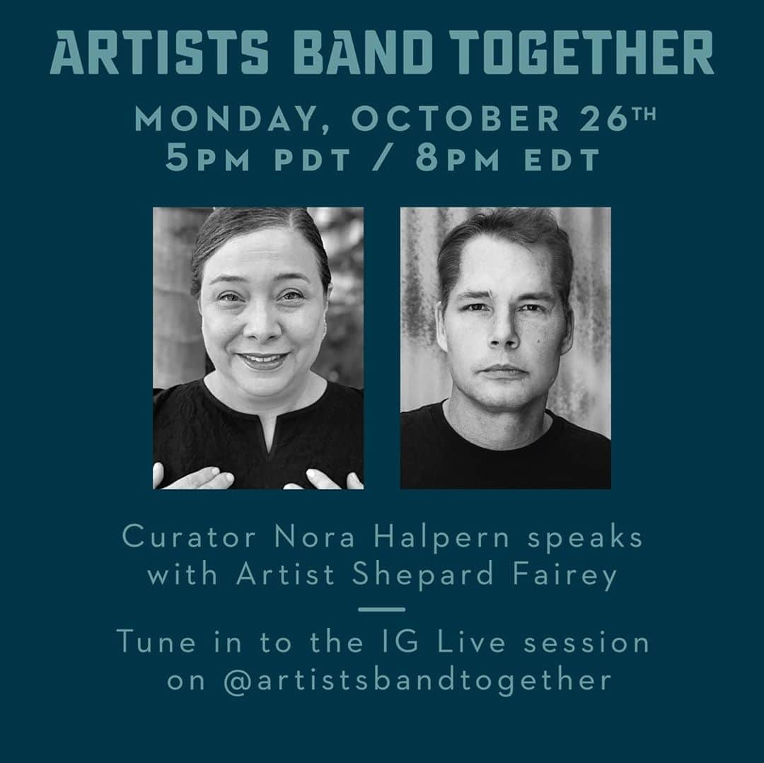 Shepard Faireyのインスタグラム：「I'm looking forward to going live tomorrow with @artistsbandtogether Curator, Nora Halpern to discuss my thoughts on the Election Year, the inspiration behind my #ArtistsBandTogether bandana, and several other related topics! Be sure to TUNE IN on my IG Live on Monday, October 26th at 5pm PDT / 8pm PDT.⁠ ⁠ Election Day is only 9 days away... let's band together to get out the vote! You can purchase "Our Hands - Our Future, 2020," the pro democracy bandana I designed for Artists Band Together from now until November 1st through @ebay for Charity. 100% of proceeds go to @risefreeorg, @conmijente, and @wokevote! Visit the link in bio to support now. Thanks for caring!⁠ -Shepard」