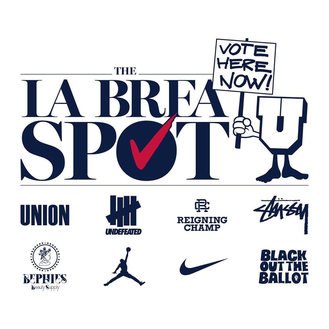 Stüssyのインスタグラム：「Let’s VOTE!!!  Starting on Oct 30th - Nov 3rd, LA County Registers (@lacountyrrcc <https://www.instagram.com/lacountyrrcc/>) is brining an official voting ballot to La Brea for the 2020 Presidential Election.   ‘The La Brea Spot’ will be located directly next to the UNDEFEATED flagship door. This location is an OFFICIAL polling site and will be run by the county officials.   We want to thank everyone involved and on the block who helped make this possible for the community. For those who haven’t registered, you’ll be able to register on-site.」