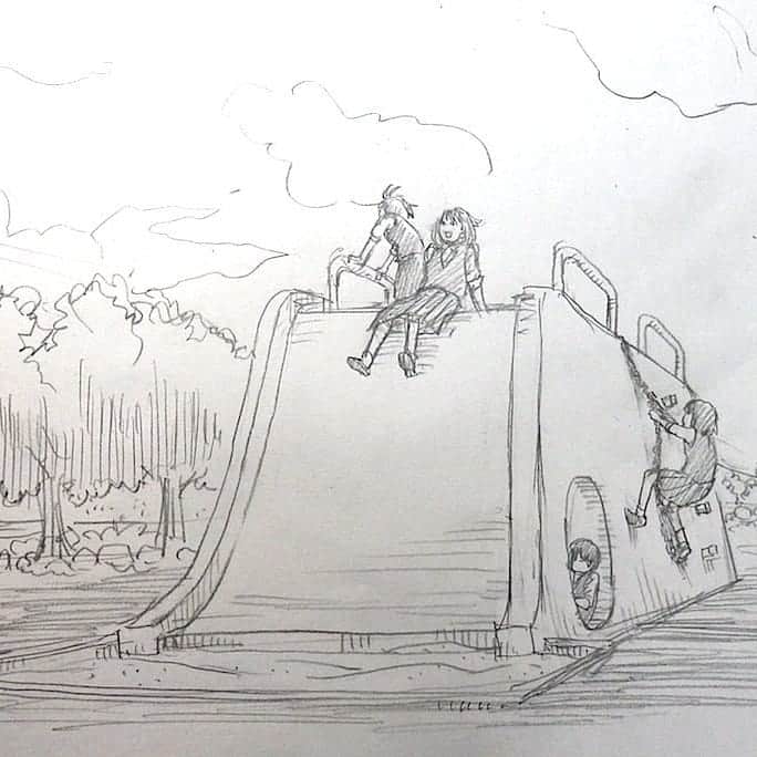 若狭たけしさんのインスタグラム写真 - (若狭たけしInstagram)「軽川（がるがわ）の近くにあるつくし公園に昔あった象の滑り台。コンクリートの硬さみたいのが記憶の片隅にある。この滑り台はもう無いですが、つくし公園自体は今もあります。　#手稲 #手稲絵 #札幌 #風景画 #鉛筆画 #イラスト #illustration #軽川」10月26日 7時53分 - takeshi_wakasa