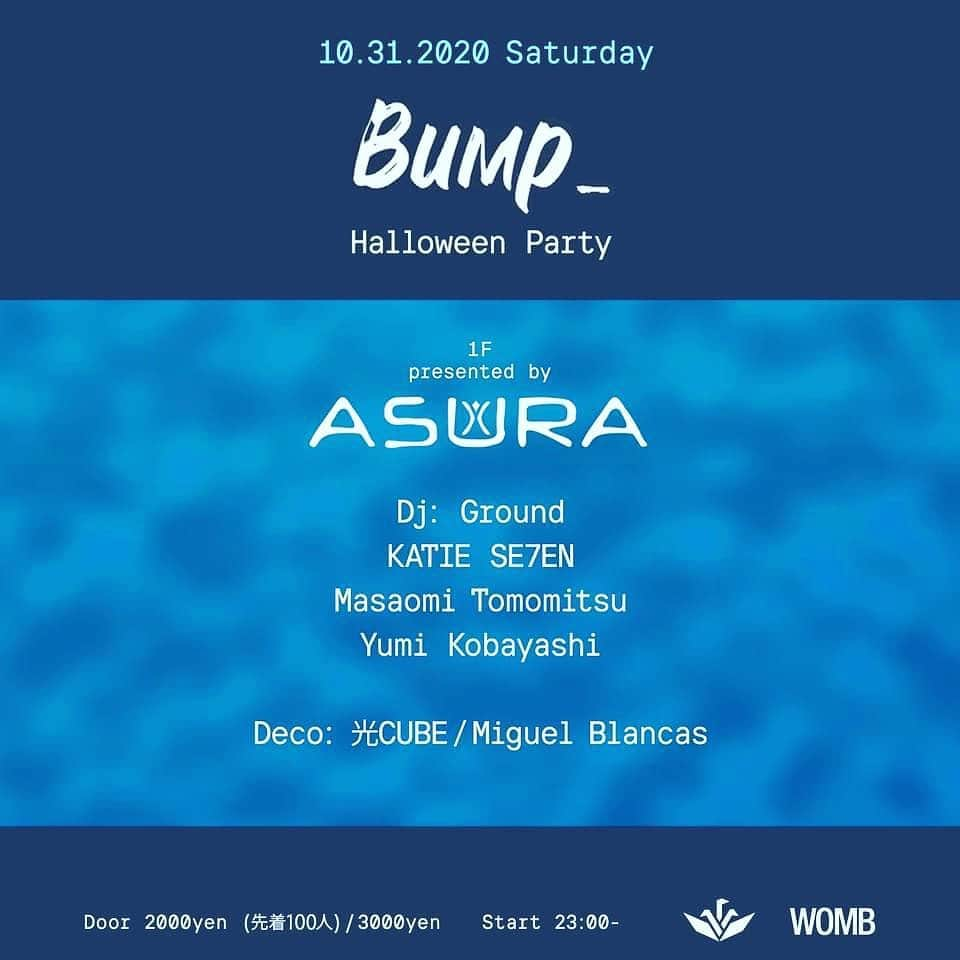 DJ Yummyのインスタグラム：「This weekend 10/31  Bump_は非仮装ピープル大大歓迎だそうです。また、この日は初の試みとして1Fまるごと折鶴アートカーAsura @asura_project のチームで演出させて頂きます。世界観あるDjさん揃いましたし、Ground君とKATIEちゃんのゲストプレイも特別な音楽体験になることでしょう👍広尾のイノベーティブなレストラン、(Dj Tomomitsuと言えばな！)81さんの創意溢れるfoodをご提供出来ることも決まりまして、一段と熱が入ります。 ハロウィンの夜せっかく出かけるのなら…Wombにも是非足を運んで欲しいな！😌 #dj#artcarasura#asura#halloween」