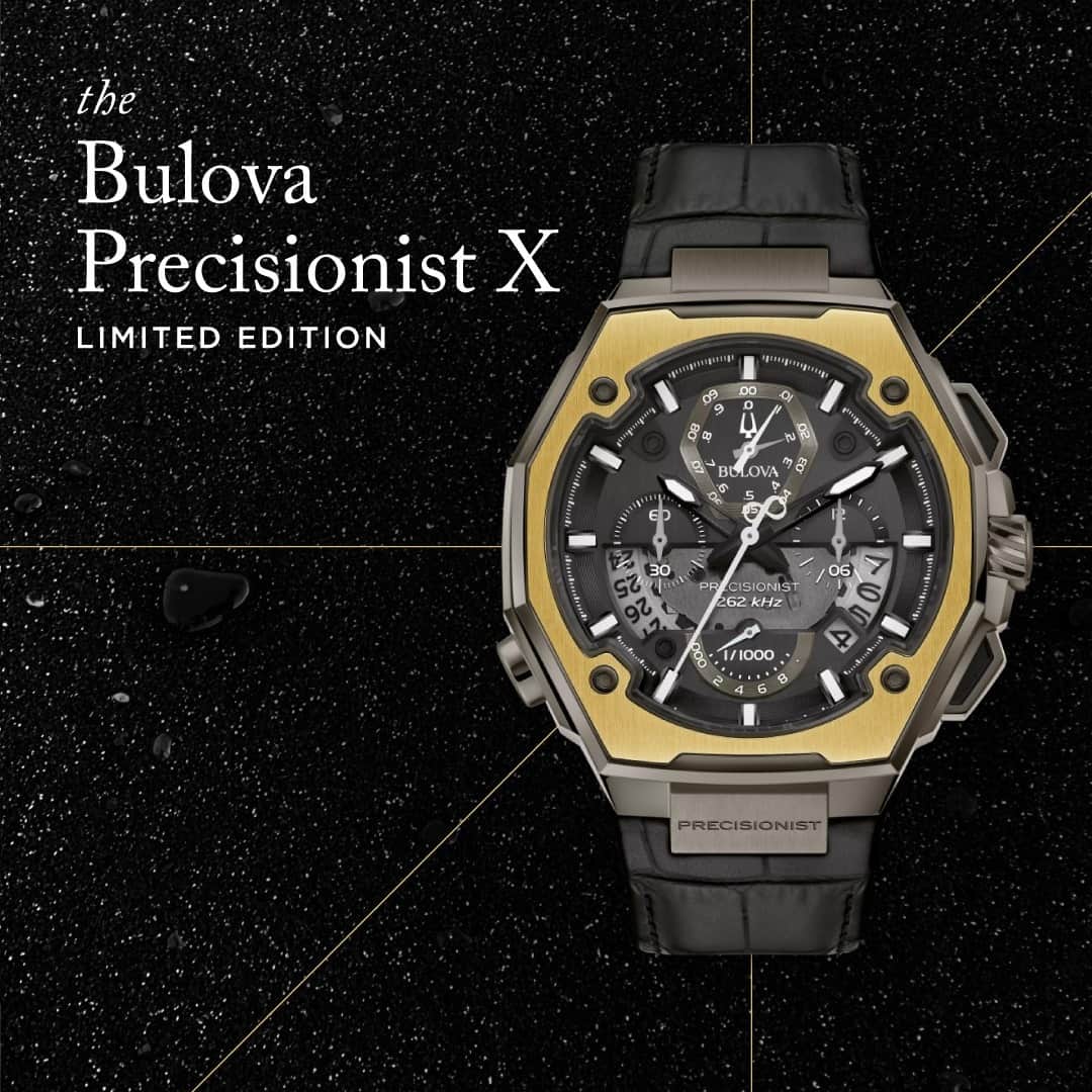 のインスタグラム：「With just 100 numbered pieces, the commemorative Precisionist X Limited Edition celebrates the 10th anniversary of unparalleled accuracy, and features a gray stainless steel case with an 18-karat gold top ring insert. The black dial offers a view of the proprietary Precisionist high-performance quartz movement. #Bulova — ⏱: 98B354 MSRP: $3,950.00 USD CASE: ø 44.5 mm」