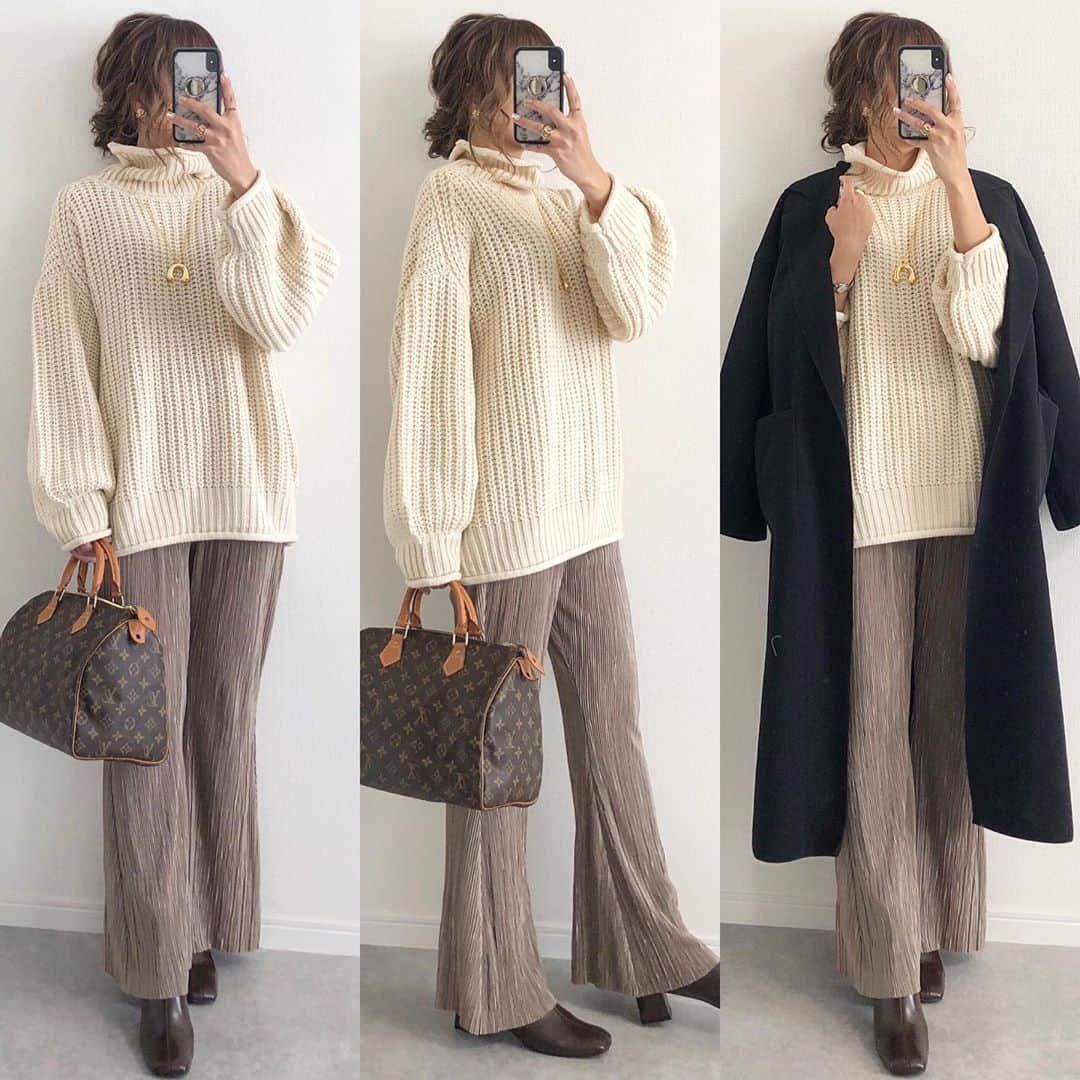Miyoのインスタグラム：「2020.10.26 ・ ボリューム感たっぷりなニット🧶 なのにコートを着てもごわつかない☺️👏🏻✨ アイボリーの Lサイズを着ています♡ どんなボトムスにも合うのでオススメです♪ ・ コート・ニット・パンツ・ブーツ…#reedit#リエディ @reedit_official バッグ… @louisvuitton ネックレス… @chieko6 ・ ・ ・ #リエディスタ#ブーツ#ニット#ワイドパンツ#秋コーデ#今日のコーデ#ヘアアレンジ#ルイヴィトン#ママコーデ#ママファッション#プチプラコーデ#プチプラファッション#シンプルコーデ#カジュアルコーデ#大人カジュアル#大人可愛い#時尚」