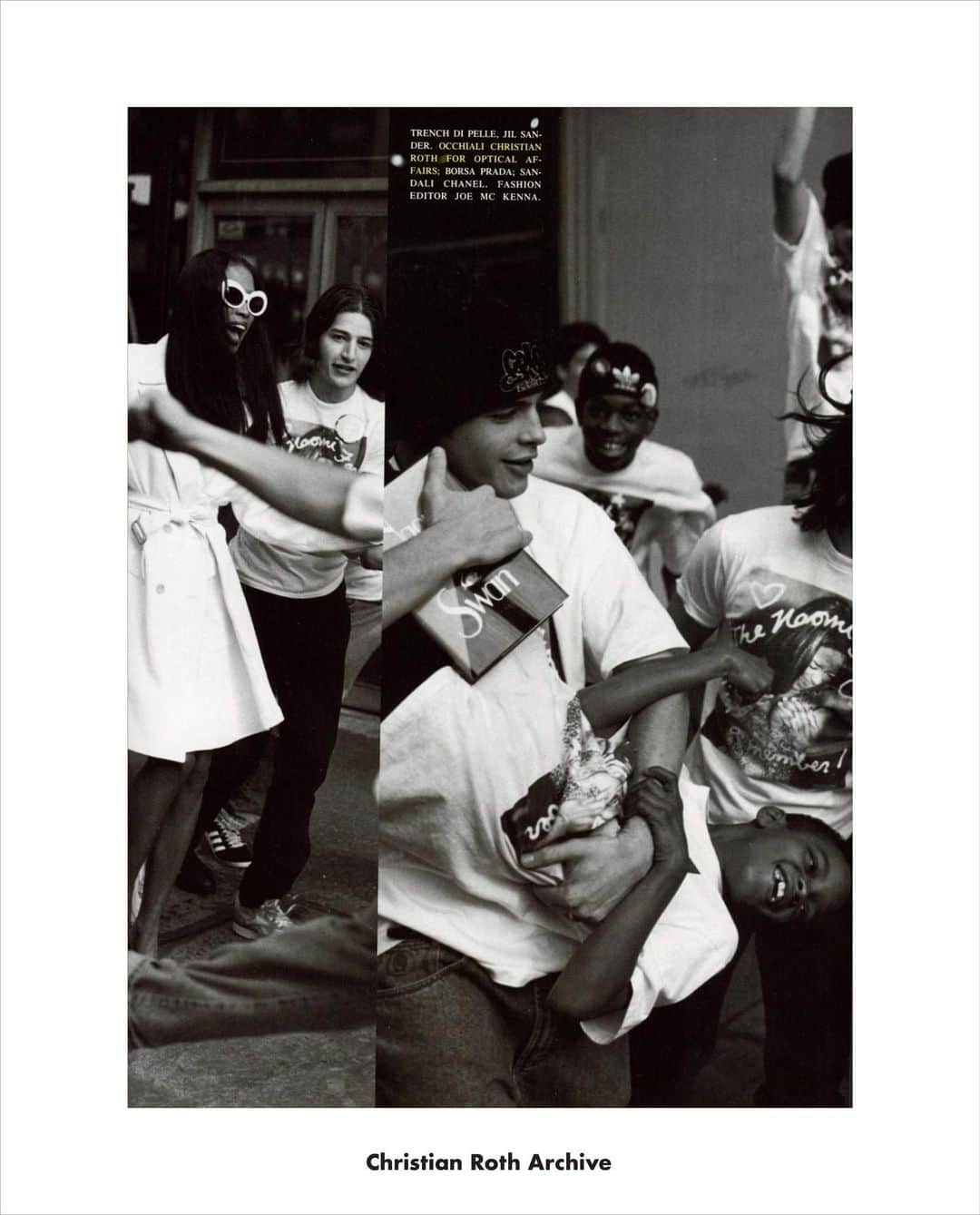 クリスチャンロスのインスタグラム：「“The 13 Rules of The Naomi Campbell Fan Club” in VOGUE Italy - February 1995 - photographer Bruce Weber - editor Joe McKenna. Christian Roth Archive for historical use. . . . . . . . . . #VintageChristianRoth #ChristianRoth #ChristianRothEyewear #WhiteSunglasses #ArchiveSeries #Naomi」