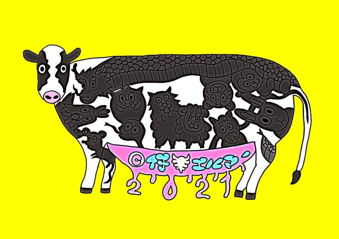 仔羊エルマーのインスタグラム：「#年賀状 #2021   モォ～いくつと寝ると#お正月  #嫁 に頼まれて 来年の#干支 #牛 を描いた年賀状を描きました  #コロナ で 今年#ウシ なわれた 望みや願いや#夢 を 来年はDREAM COME TRUE いや DREAM COW TRUE ウシ年だけに  #仔羊エルマー #art #illustration #cow #japaneseart #newyear  #dream  #dreamcometrue」