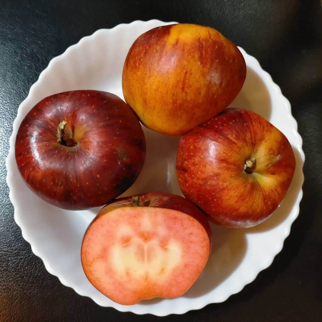 悠以さんのインスタグラム写真 - (悠以Instagram)「中が赤い #りんご 友達から写真送られてきて、 超食べたくなりましたよっと。 #長野県 #赤果肉りんご #珍しい 調べたら、#炎舞　っていう#煉獄さん みたいな品種があって震えた。 #農家の人まじリスペクト」11月24日 20時43分 - yui.yuicomp