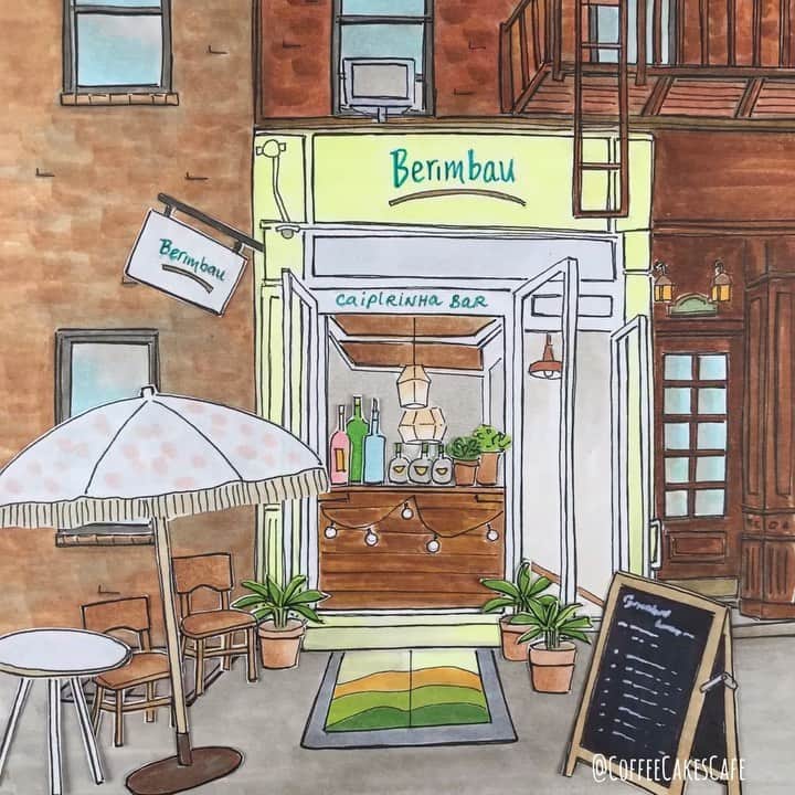 のインスタグラム：「Two days before thanksgiving and I think we can all use a little toast, a little tasty treat and experience the festive delicacies of Brazil! 😋 Doesn’t that sound fun?! Such a lovely and charming gem 💎 on Carmine St and I’m always excited to share with you when I find cute dining spots! Stop by if you’re in the neighborhood and sample their menu. They have a cute backyard patio with heaters to keep you warm and toasty when you “toast” to the holiday season! 🍹🍹Currently they are offering delivery / take-out for brunch, lunch, and dinner as well. Have a wonderful holiday week. May it be filled with many happiness and blessings! @berimbau_nyc  . . . . #stopmotion #cafehopping #westvillagenyc #westvillagelife #thisisnewyorkcity #stopmotionanimation #westvillage #greenwichvillagenyc #greenwichvillage #igersofnyc #timeoutnewyork #chasing_facades #picturesofnewyork #made_in_ny #seeyourcity #newyorkgram #prettycitynewyork #newyorkarea #facade #facadelovers #streetsofnewyork #picame #stopmotionvideo #icapture_nyc #instagramnyc #coffeecakescafe  #nycrestaurants #storefront #urbansketchers」
