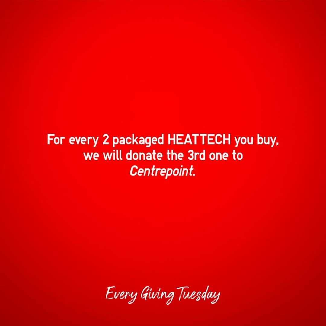 UNIQLO UKのインスタグラム：「On every Tuesday in December before Christmas for every 2 packaged HEATTECH bought, 1 HEATTECH will be donated to @centrepointuk.  Every week this offer will be applied to a different HEATTECH category.  Stay tuned to discover more and join the initiative, and remember that every little bit helps!  #WeStayWarmTogether #UNIQLOEveryGivingTuesday」
