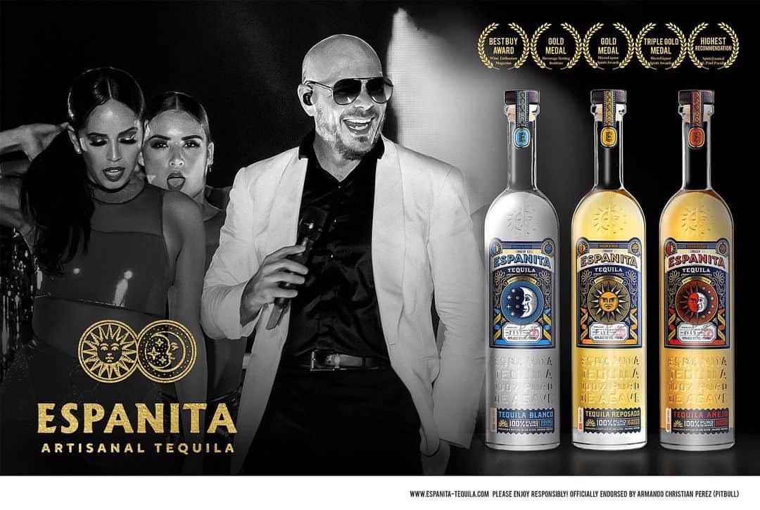 ピットブルのインスタグラム：「Congrats to our partners @Espanita_Tequila for winning a Gold medal at the USA Spirits Ratings Competition. This award is the ultimate seal of approval. Please follow @espanita_tequila for more news, announcements and cocktail recipes, Dale!」